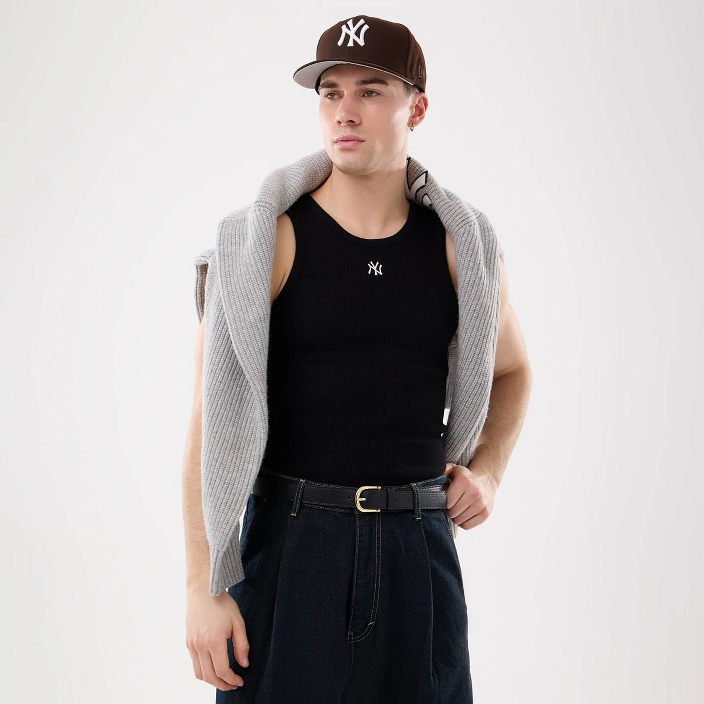 The model is wearing this MLB Rib New York Yankees Vest in black. 14