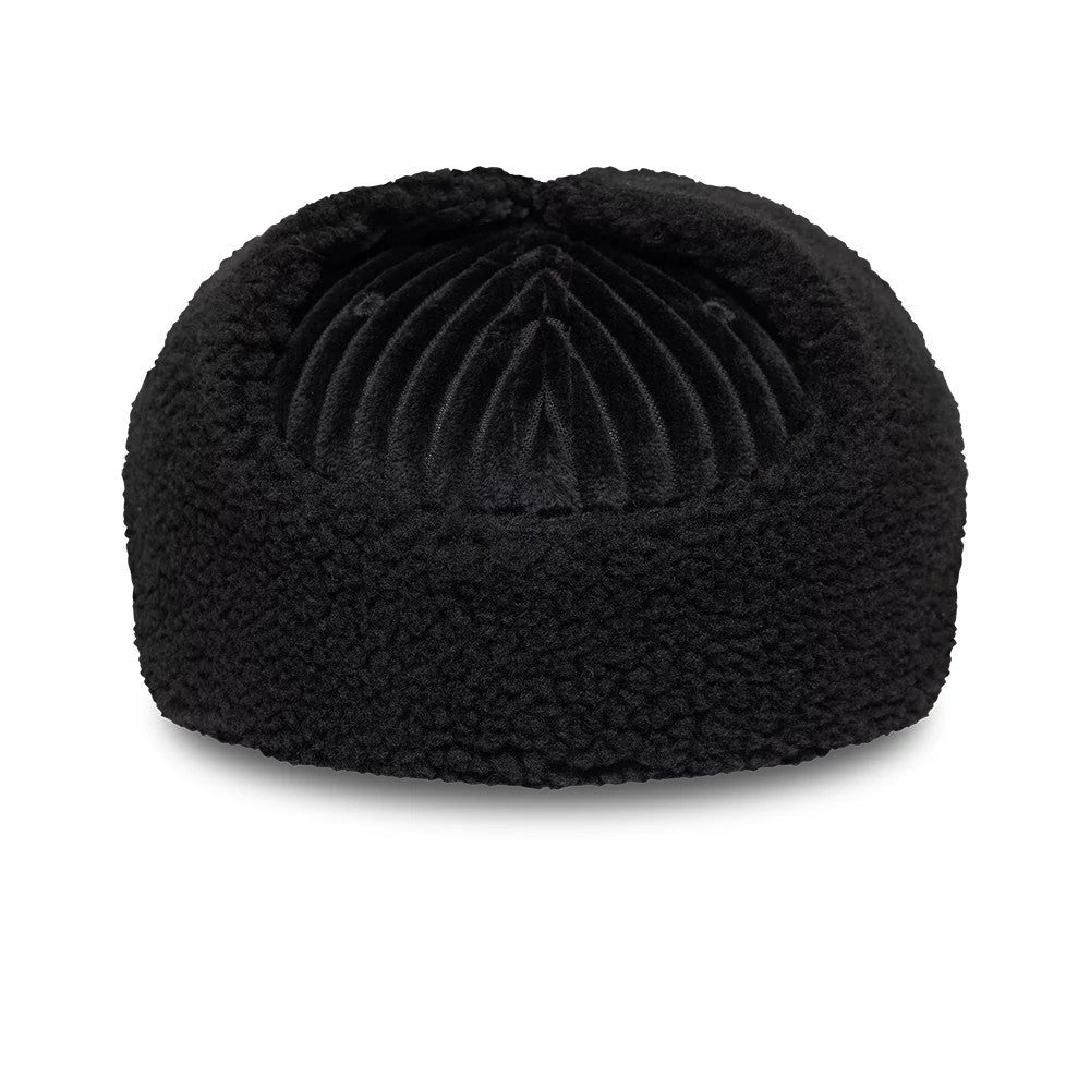 Mains X New Era Cord Black Dogear 59FIFTY Fitted Cap, rear view showing the soft textured dog-ear flaps wrapped on the side and the ridged corduroy pattern covering the black structured crown.