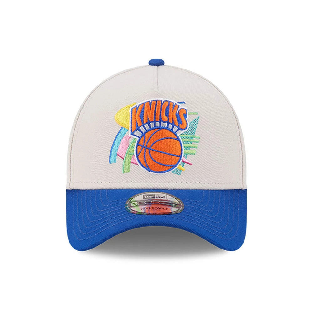 Pictured is this NBA Hardwood Classic New York Knicks 9FORTY A-Frame Adjustable cap in light beige. 3