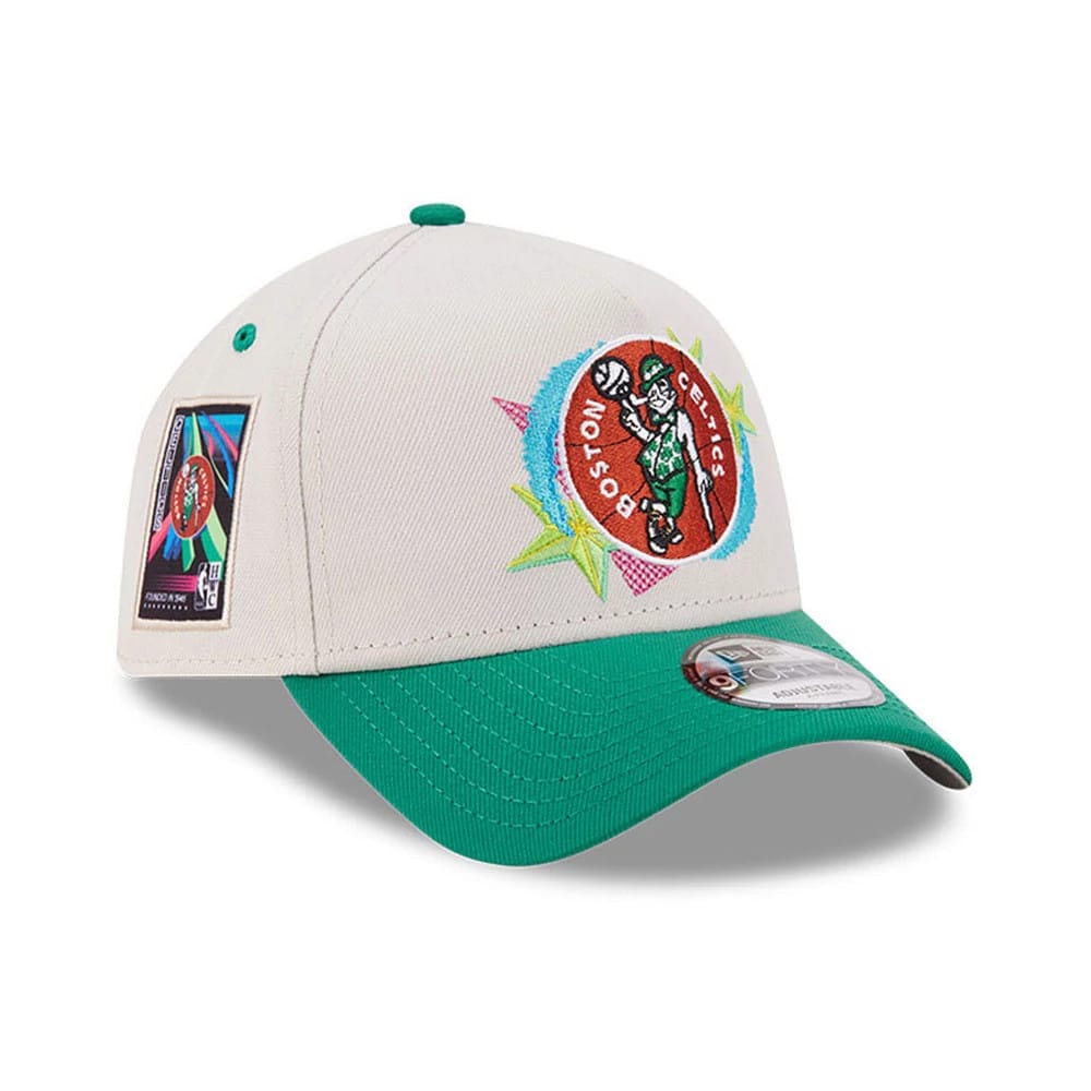 Pictured is this NBA Hardwood Classic Boston Celtics 9FORTY A-Frame Adjustable cap in light beige. 1