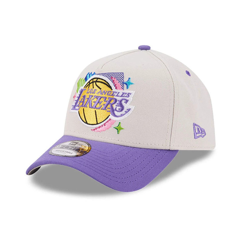 Pictured is this NBA Hardwood Classic LA Lakers 9FORTY A-Frame Adjustable cap in light beige & purple. 4