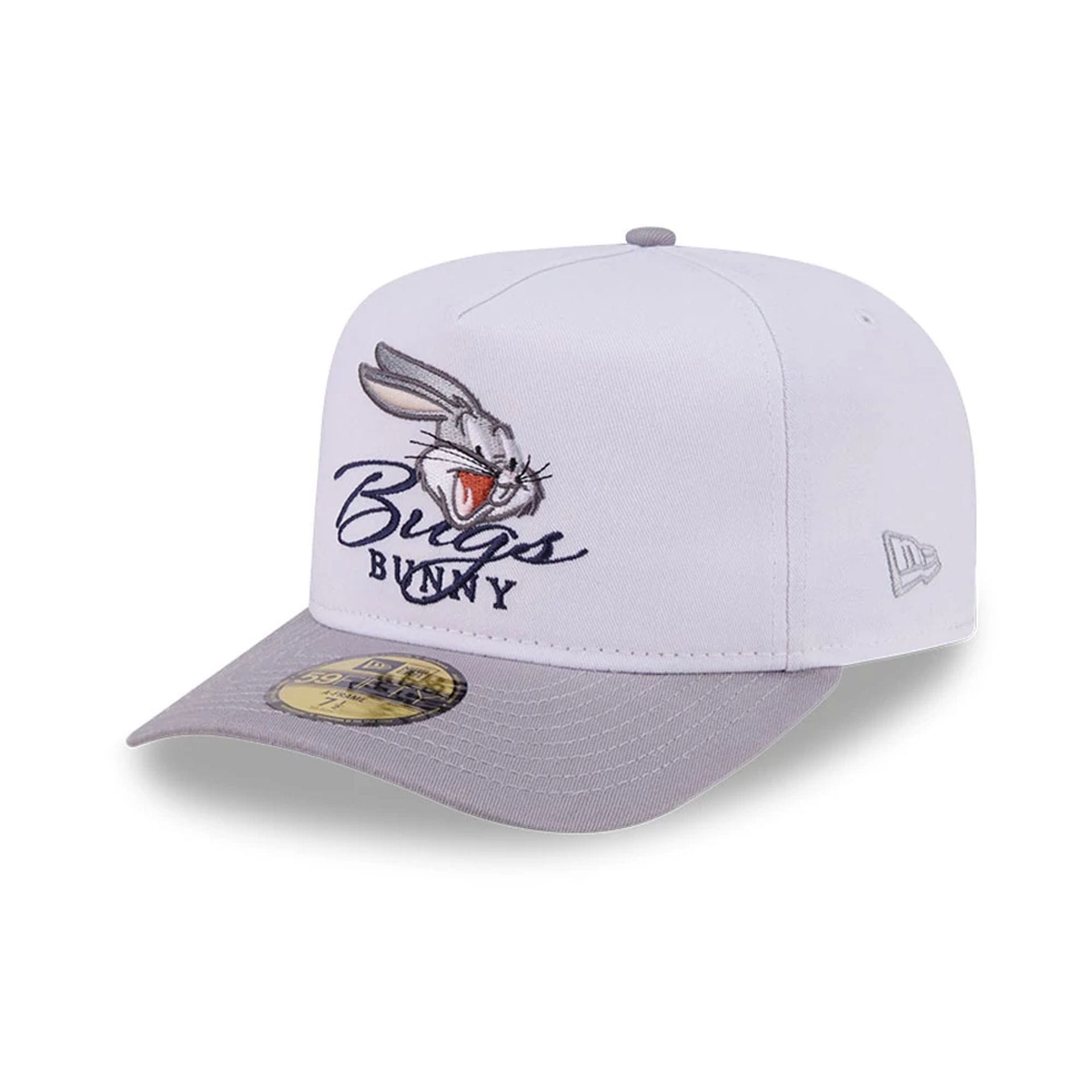 Pictured is this Looney Tunes Bugs Bunny Script 59FIFTY A-Frame Fitted cap in white. 4