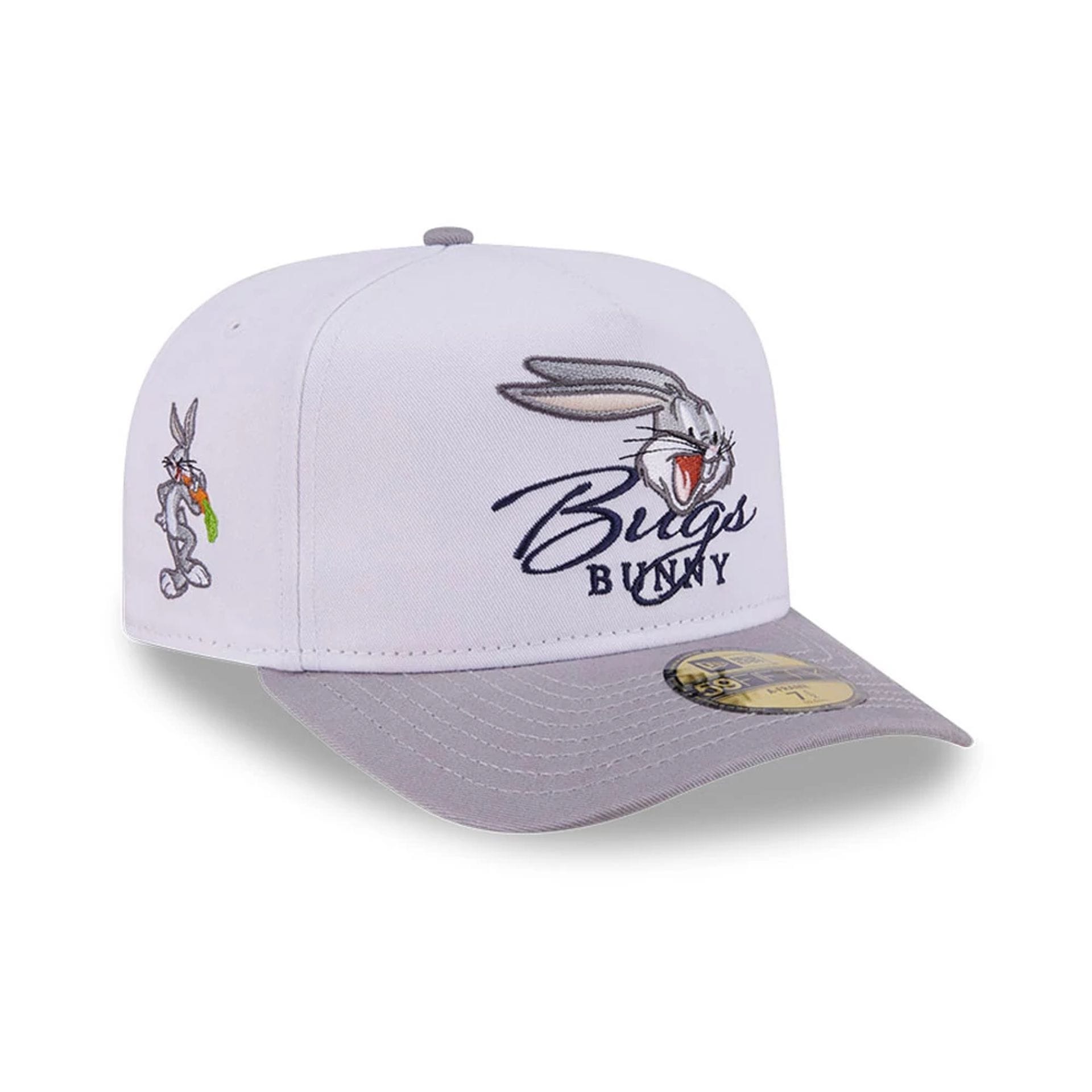Pictured is this Looney Tunes Bugs Bunny Script 59FIFTY A-Frame Fitted cap in white. 1