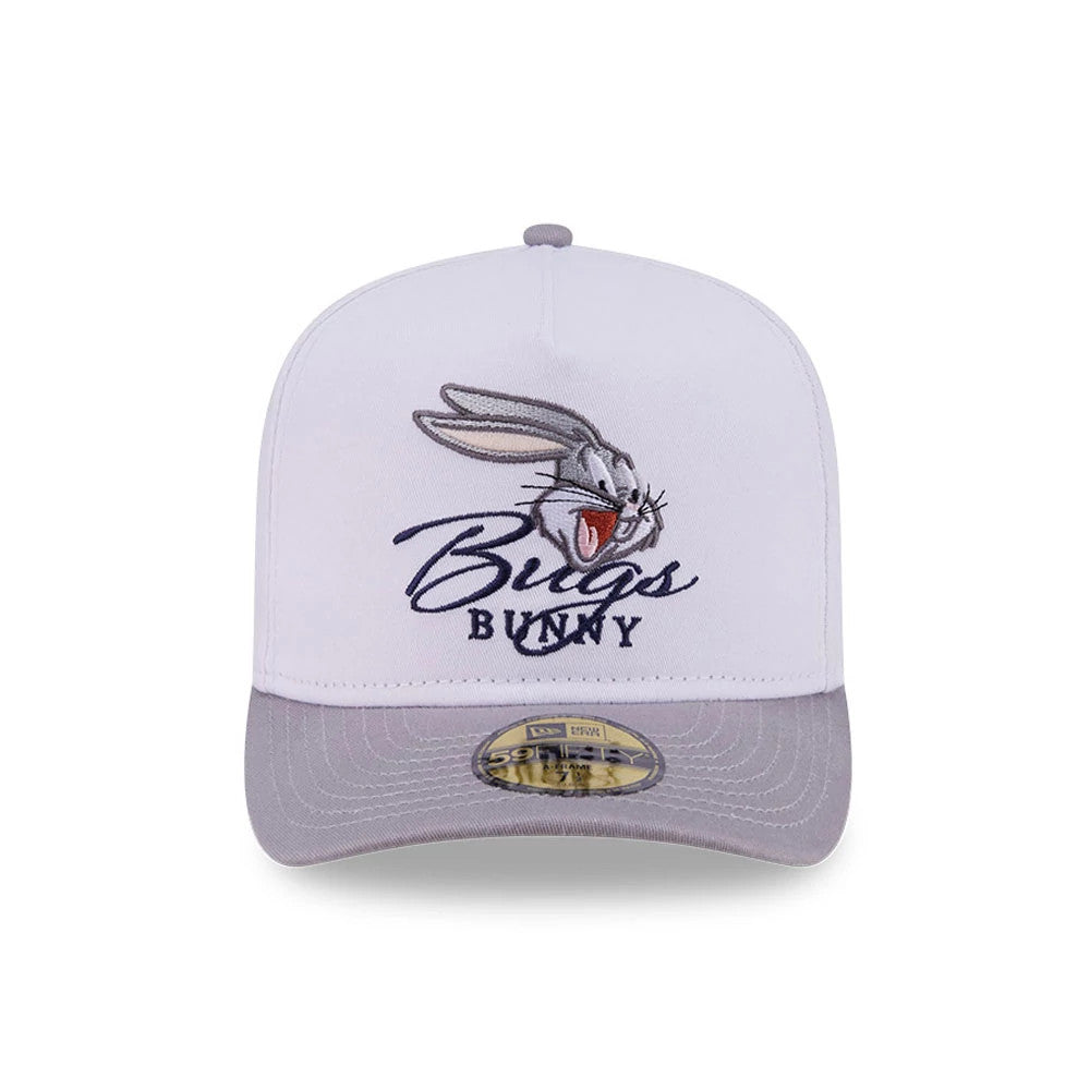 Pictured is this Looney Tunes Bugs Bunny Script 59FIFTY A-Frame Fitted cap in white & grey. 3