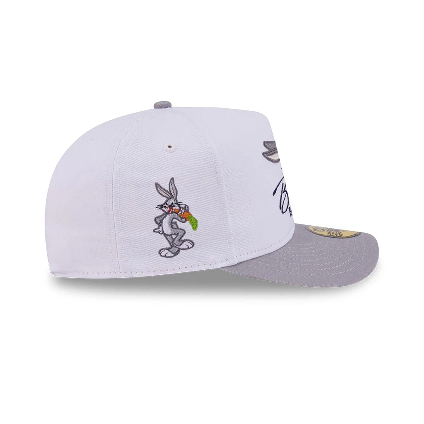 Pictured is this Looney Tunes Bugs Bunny Script 59FIFTY A-Frame Fitted cap in white. 5