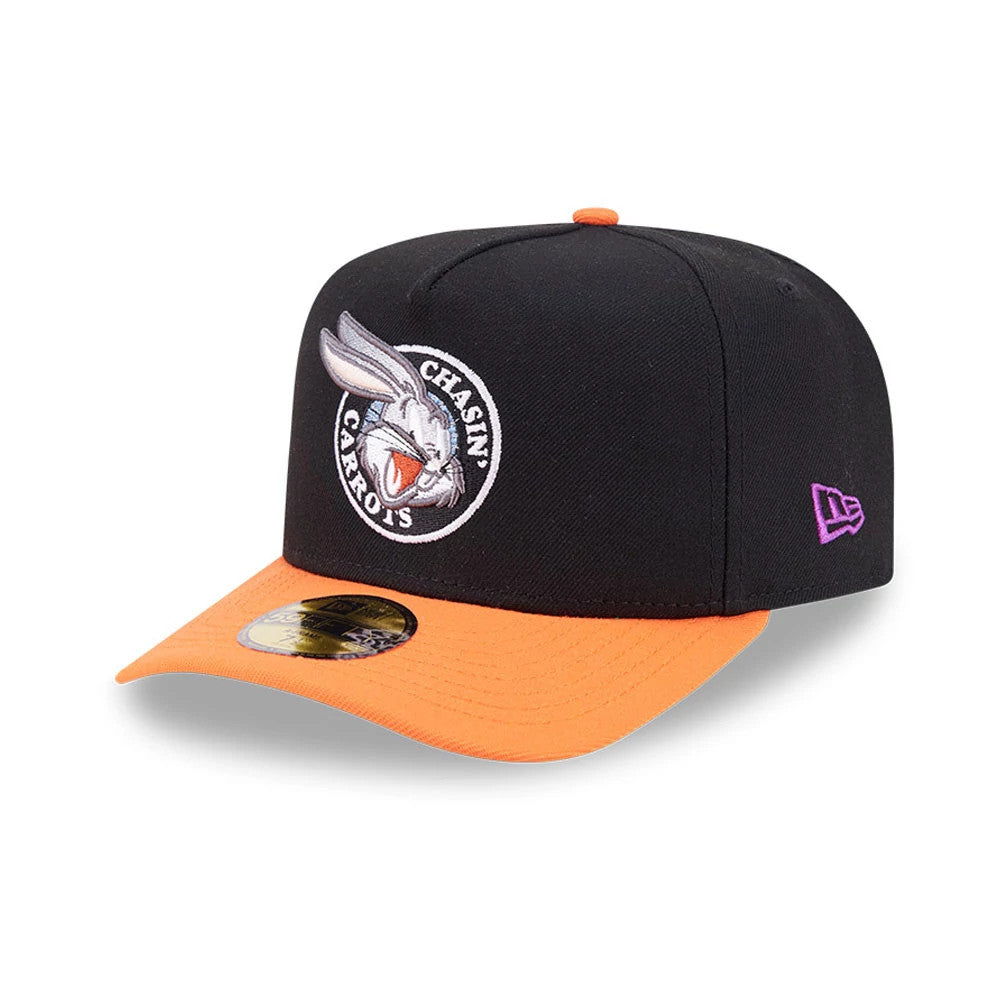 Pictured is this Looney Tunes Chasin Carrots Bugs Bunny 59FIFTY A-Frame Fitted cap in black & orange. 4