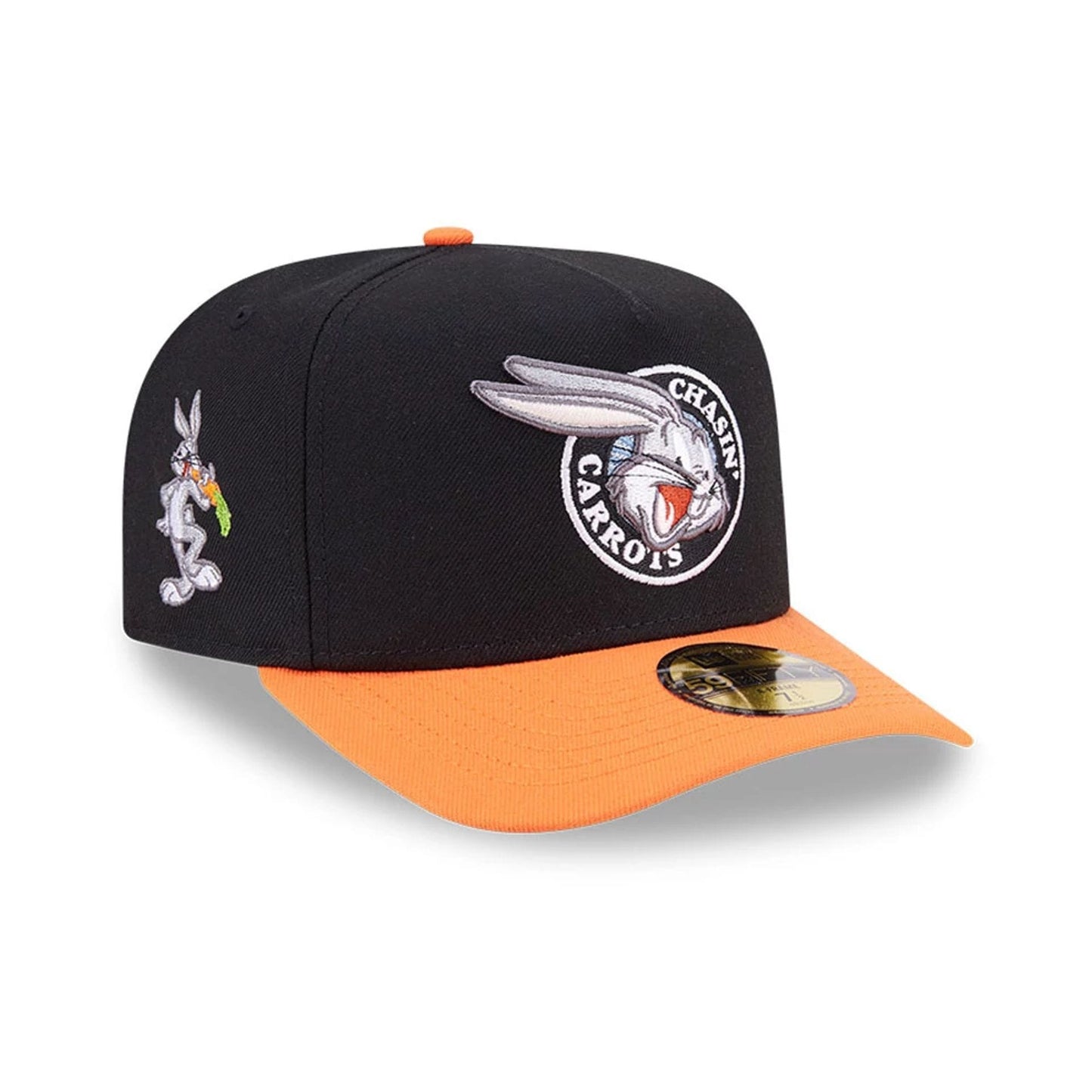 Pictured is this Looney Tunes Chasin Carrots Bugs Bunny 59FIFTY A-Frame Fitted cap in black. 1