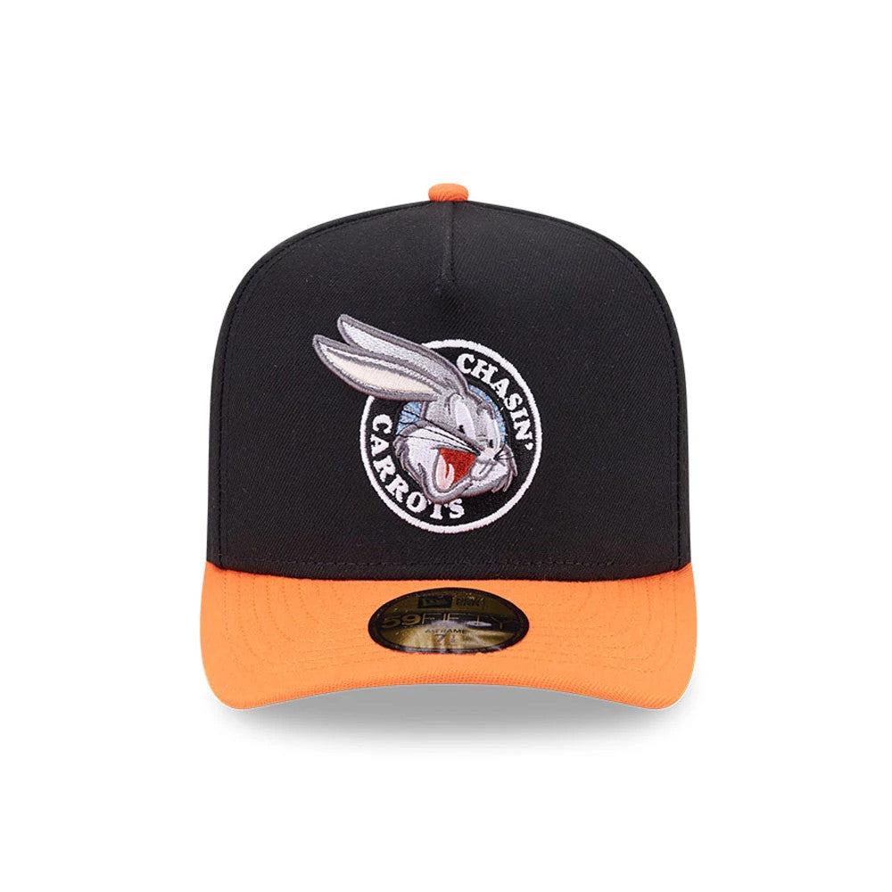 Pictured is this Looney Tunes Chasin Carrots Bugs Bunny 59FIFTY A-Frame Fitted cap in black & orange. 3