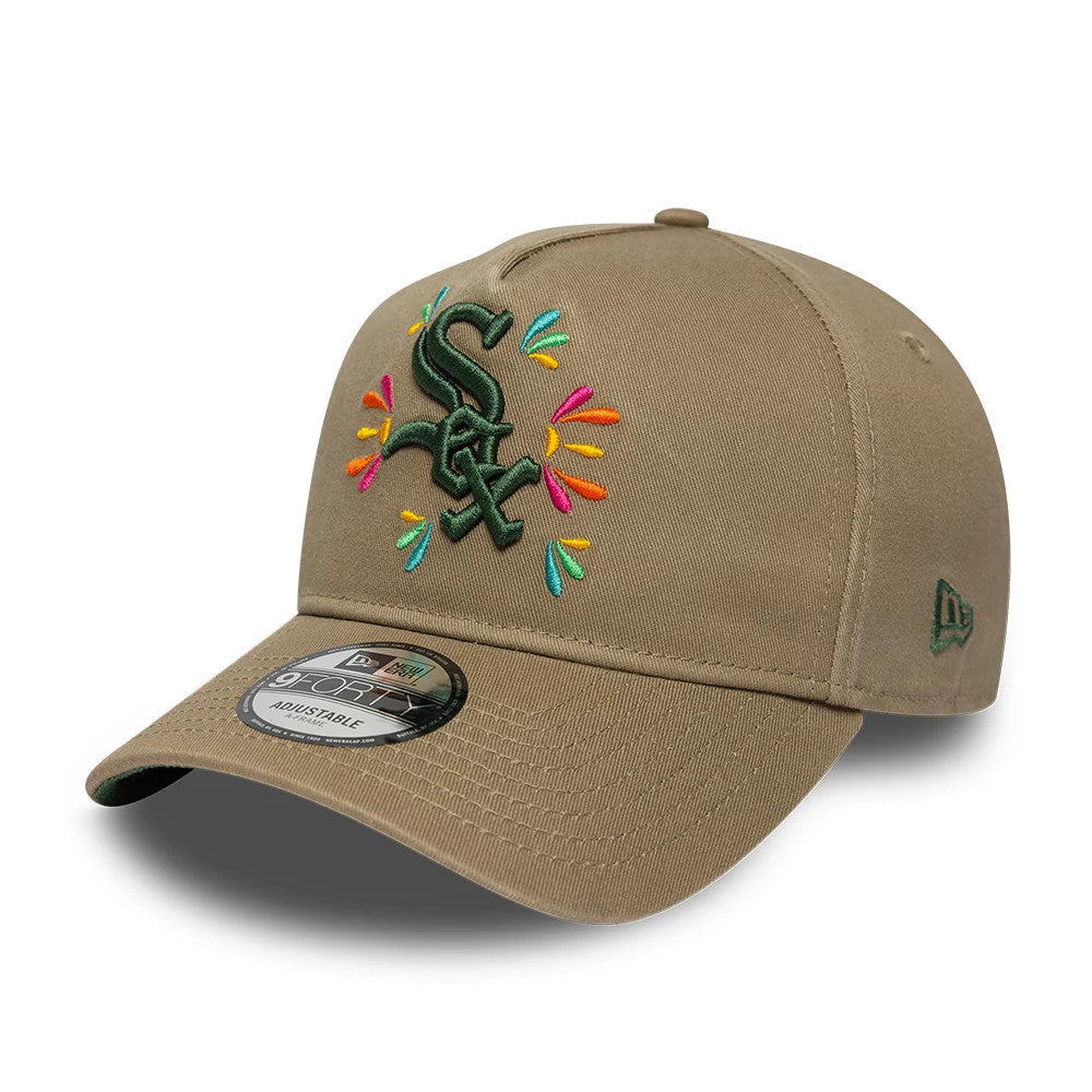Pictured is this MLB Vibrant Festivities Chicago White Sox 9FORTY A-Frame Adjustable cap in Beige. 1