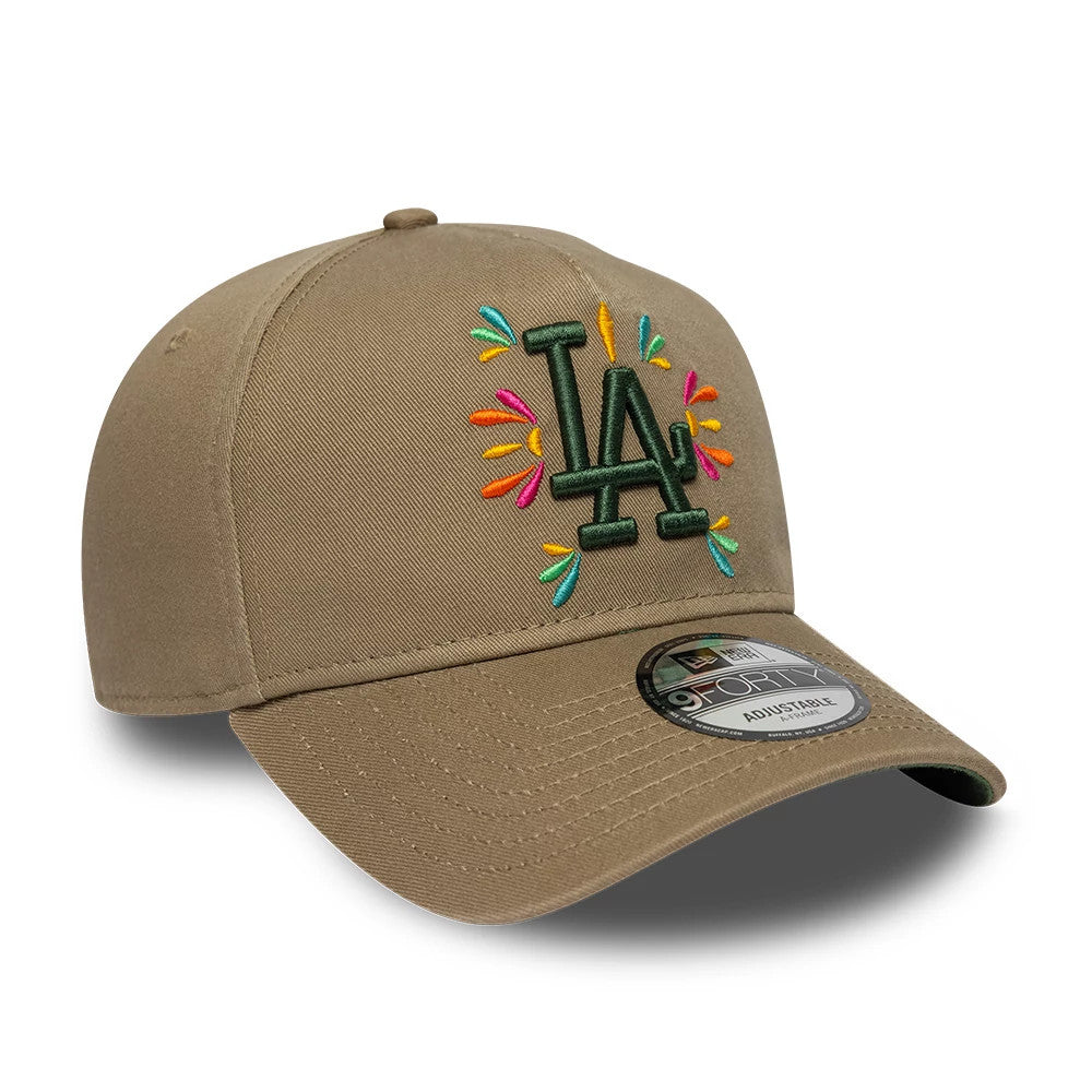 Pictured is this MLB Vibrant Festivities LA Dodgers 9FORTY A-Frame Adjustable cap in Beige. 5