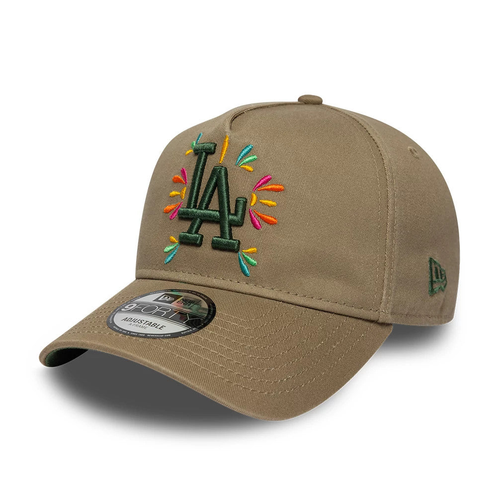 Pictured is this MLB Vibrant Festivities LA Dodgers 9FORTY A-Frame Adjustable cap in Beige. 1