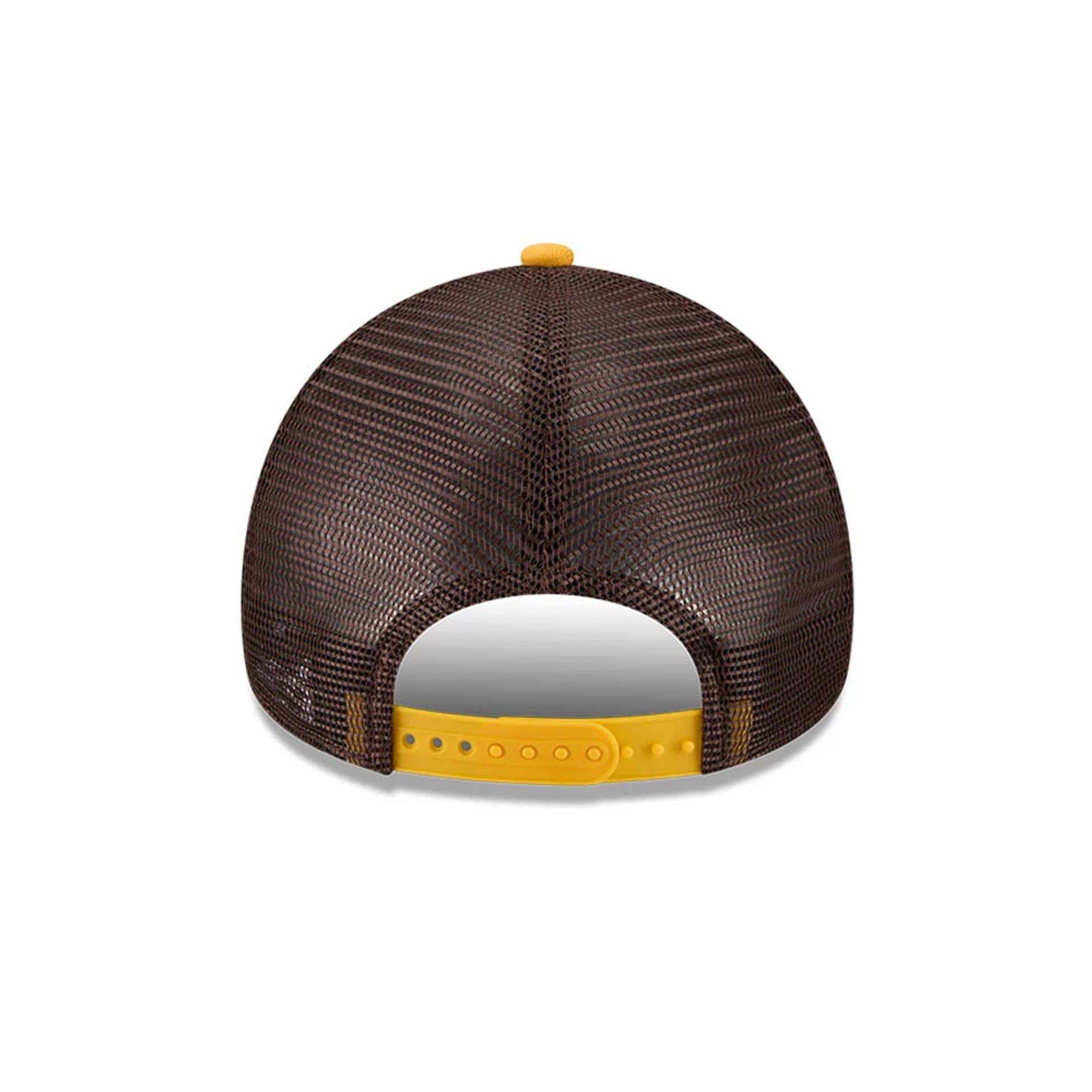Pictured is this MLB X Anchorman Whammy San Diego Padres 9FORTY A-Frame Trucker Adjustable cap in dark brown. 5