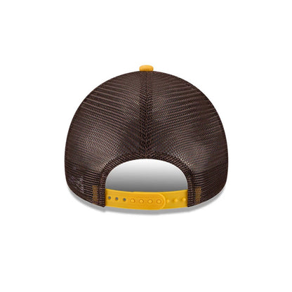 Pictured is this MLB X Anchorman Whammy San Diego Padres 9FORTY A-Frame Trucker Adjustable cap in dark brown. 5