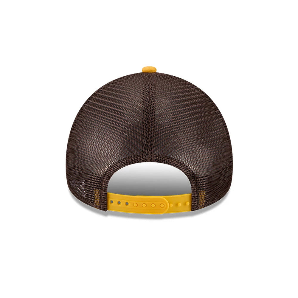 Pictured is this MLB X Anchorman Whammy San Diego Padres 9FORTY A-Frame Trucker Adjustable cap in dark brown. 5