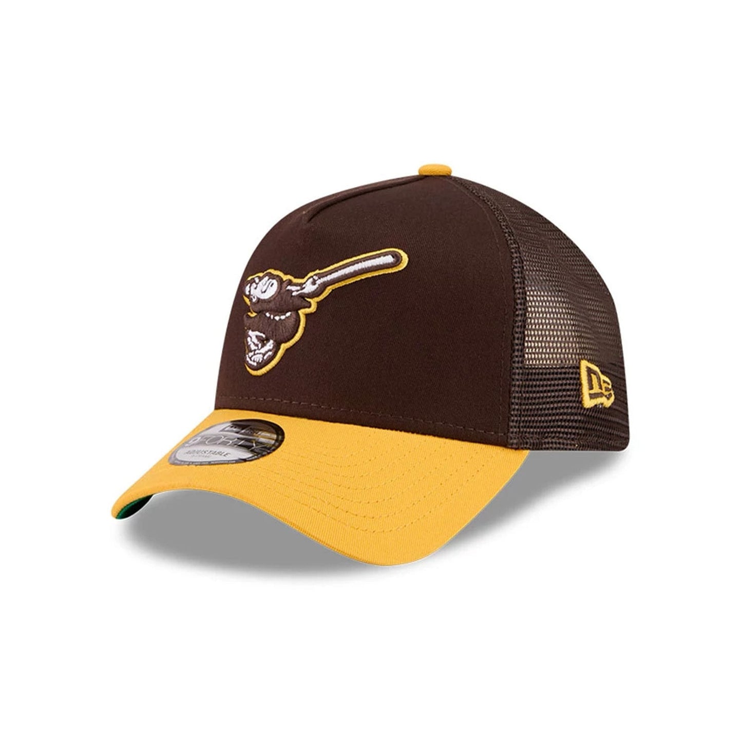 Pictured is this MLB X Anchorman Whammy San Diego Padres 9FORTY A-Frame Trucker Adjustable cap in dark brown. 4