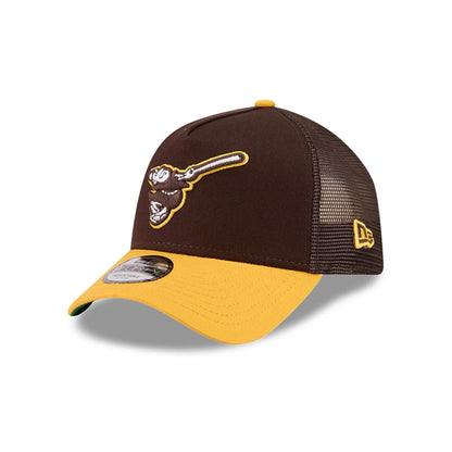Pictured is this MLB X Anchorman Whammy San Diego Padres 9FORTY A-Frame Trucker Adjustable cap in dark brown. 4