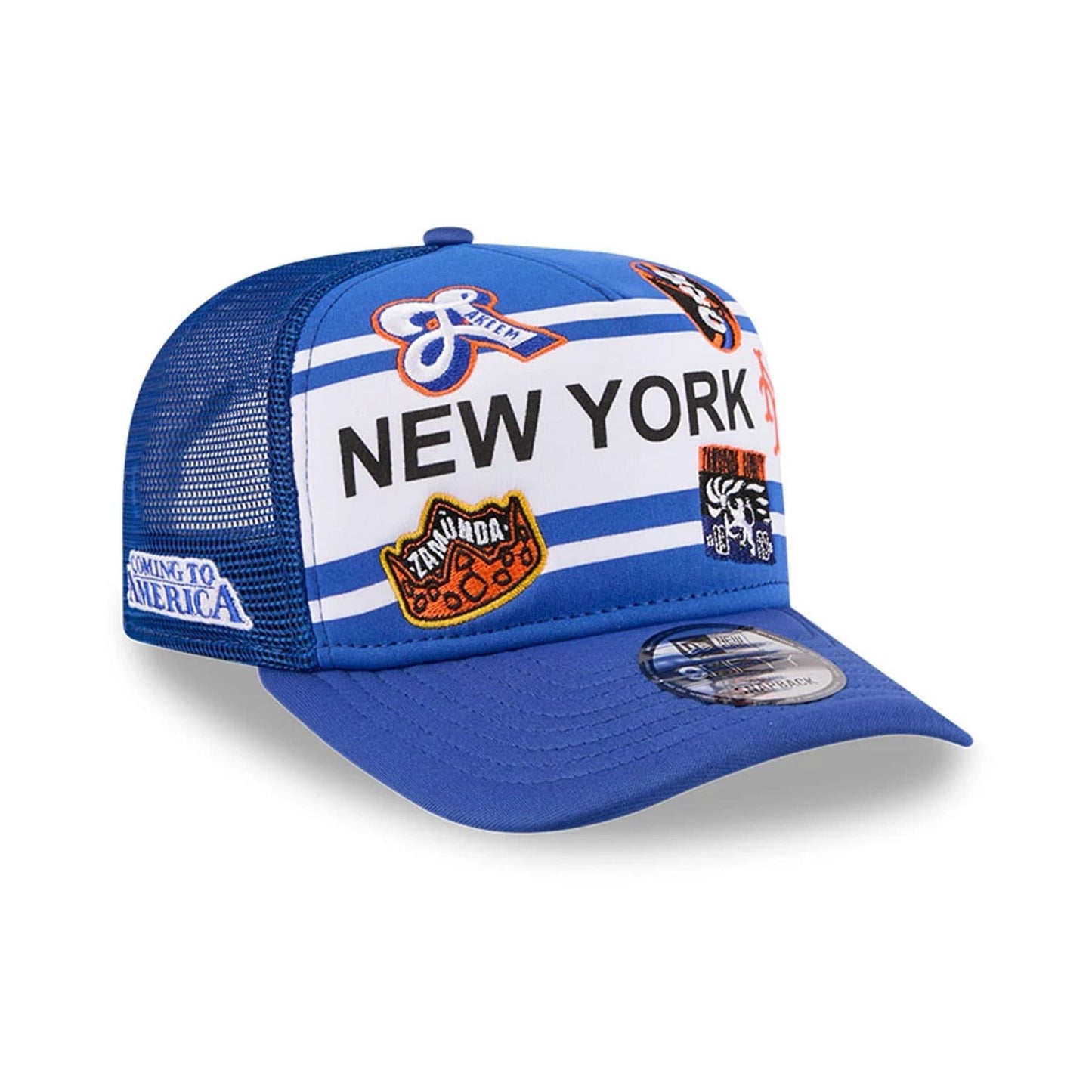 Pictured is this MLB X Coming To America New York Mets 9FIFTY A-Frame Snapback Adjustable cap in blue. 4