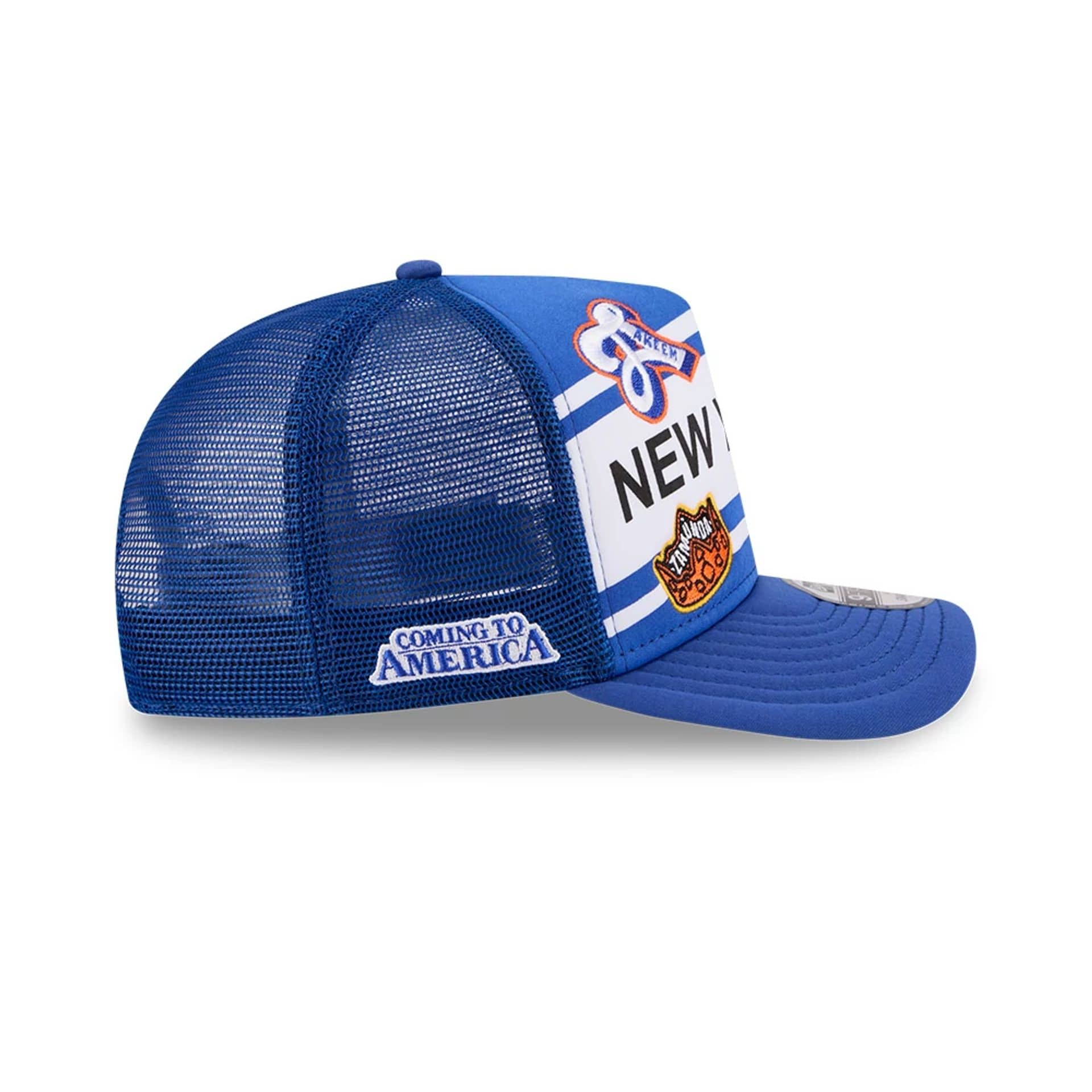 Pictured is this MLB X Coming To America New York Mets 9FIFTY A-Frame Snapback Adjustable cap in blue. 5