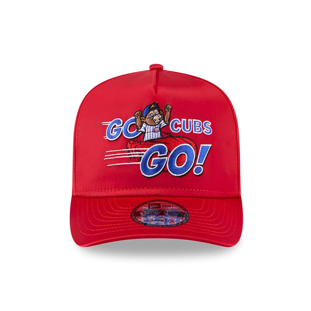 Pictured is this MLB X Ferris Bueller's Day Off Chicago Cubs 9FIFTY A-Frame Snapback Adjustable cap in red. 3
