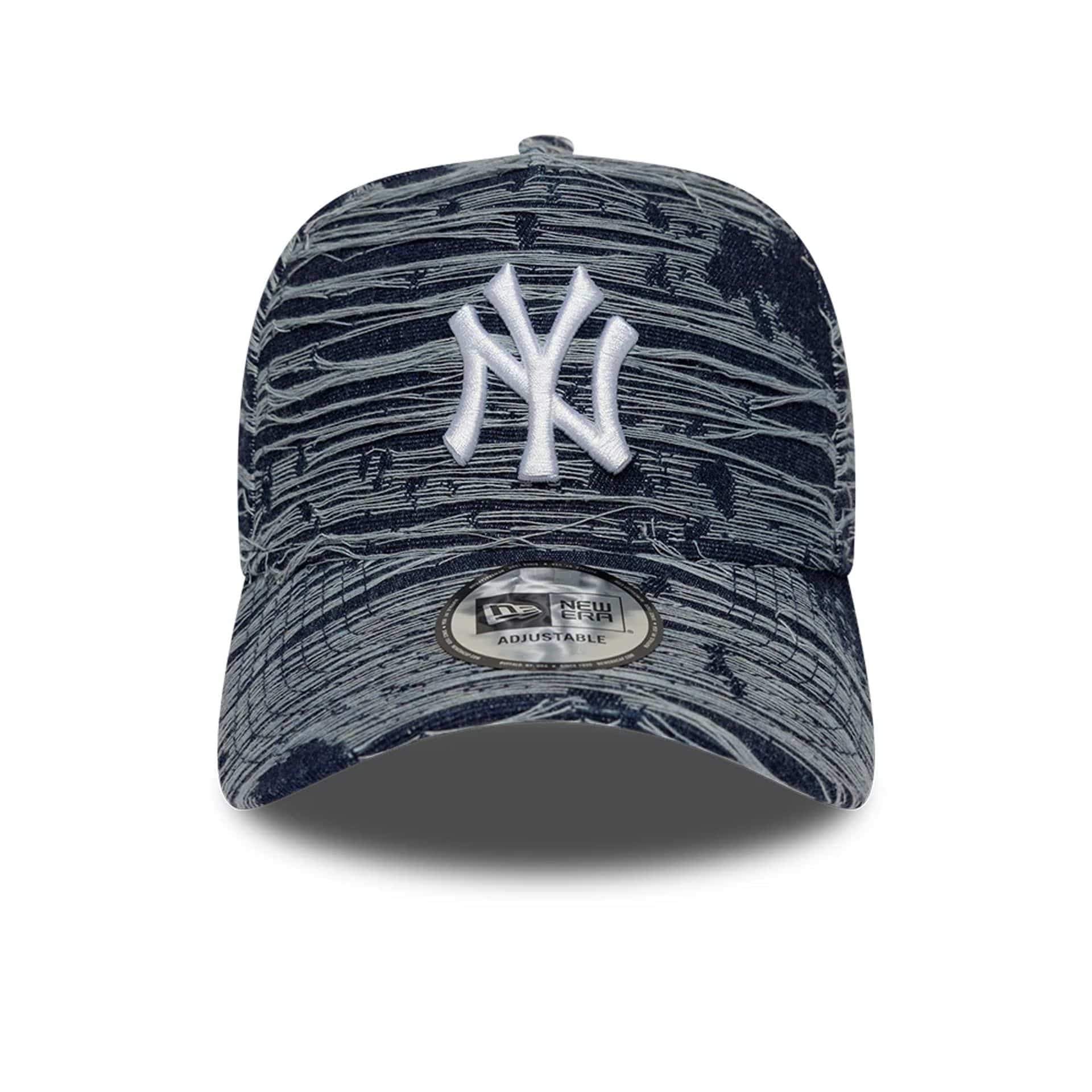Pictured is this MLB Distressed Denim New York Yankees 9FORTY E-Frame Adjustable cap in navy. 2