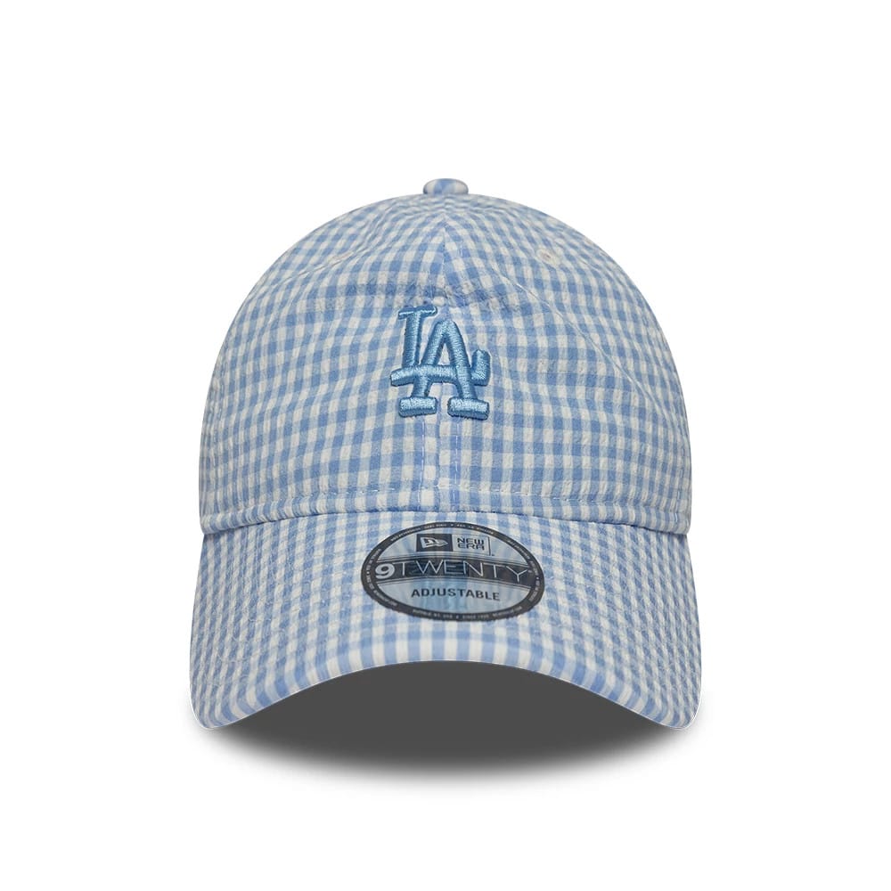 Pictured is this MLB Gingham Bowback LA Dodgers 9TWENTY Adjustable cap in pastel blue. 3
