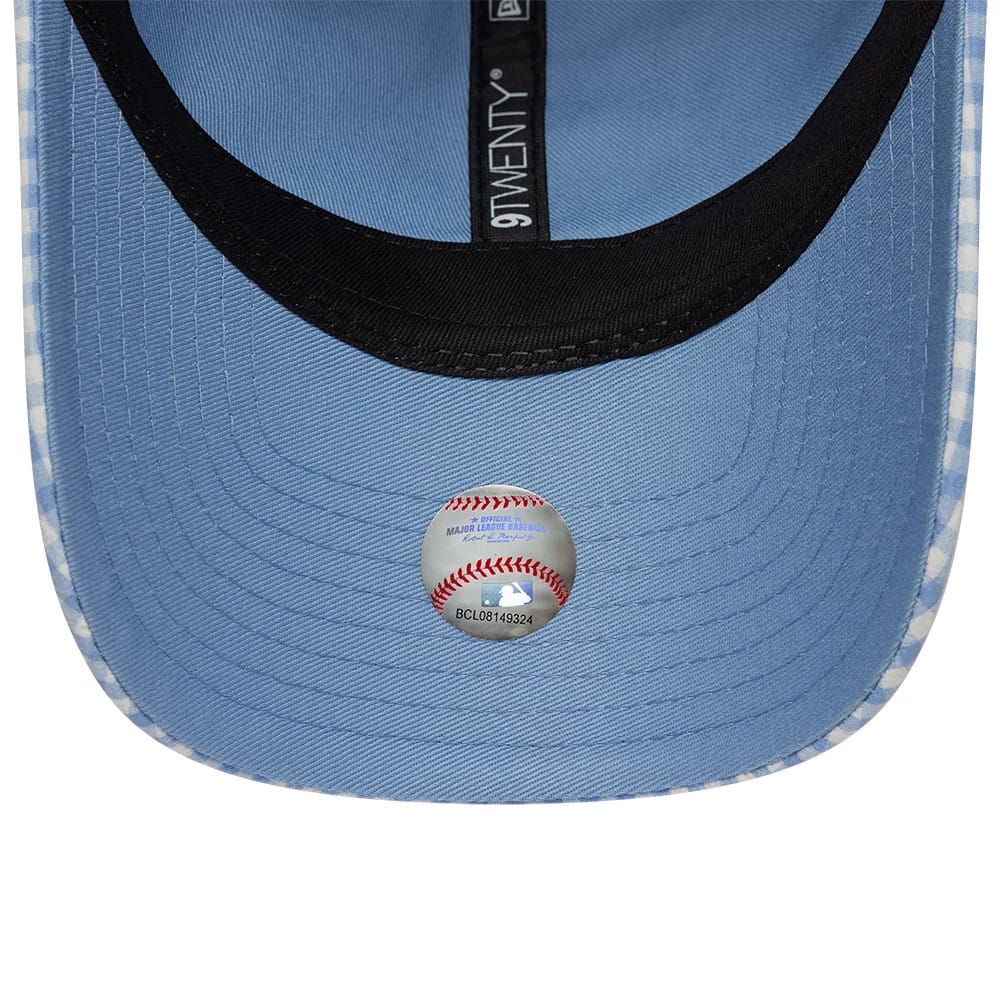 Pictured is this MLB Gingham Bowback LA Dodgers 9TWENTY Adjustable cap in pastel blue. 7