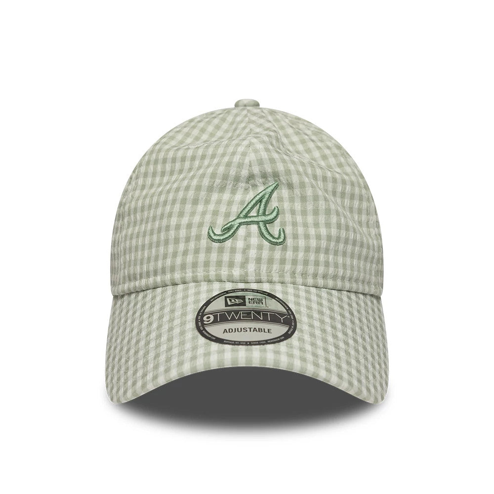 Pictured is this MLB Gingham Bowback Atlanta Braves 9TWENTY Adjustable cap in pastel green. 3