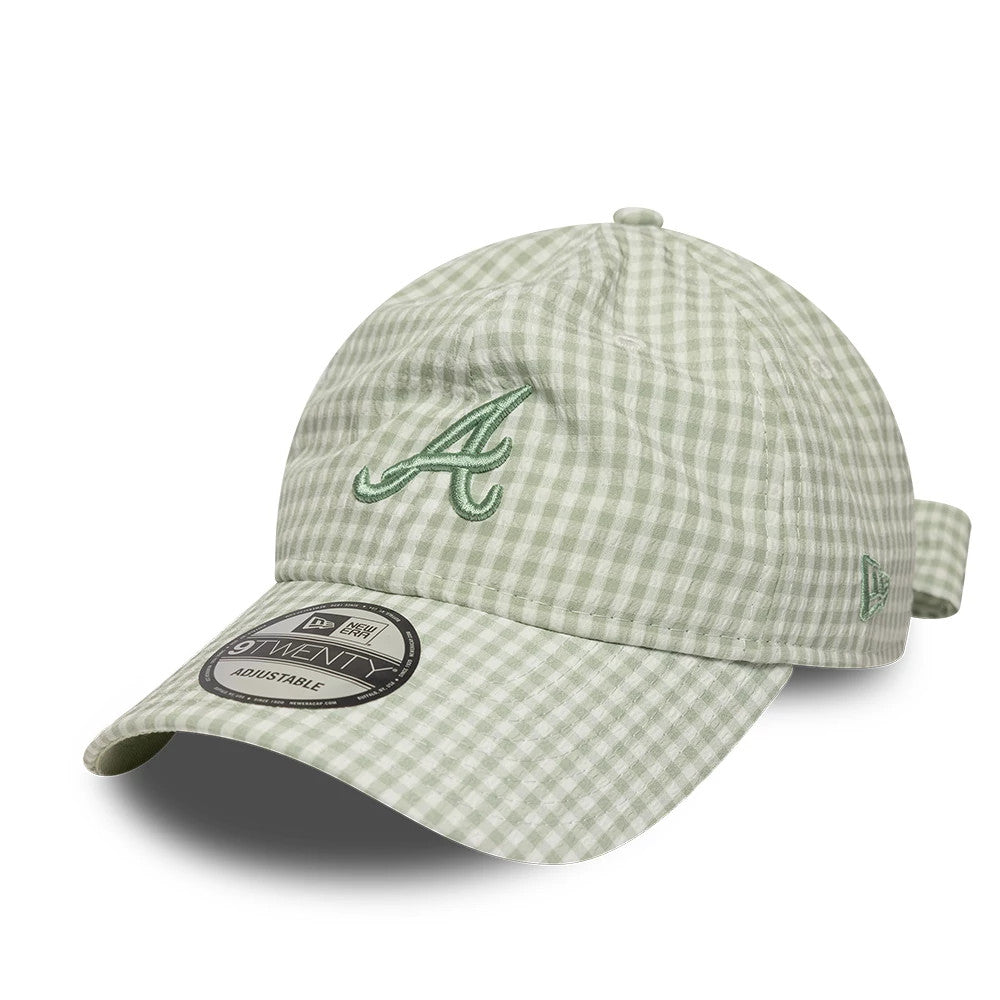 Pictured is this MLB Gingham Bowback Atlanta Braves 9TWENTY Adjustable cap in pastel green. 1