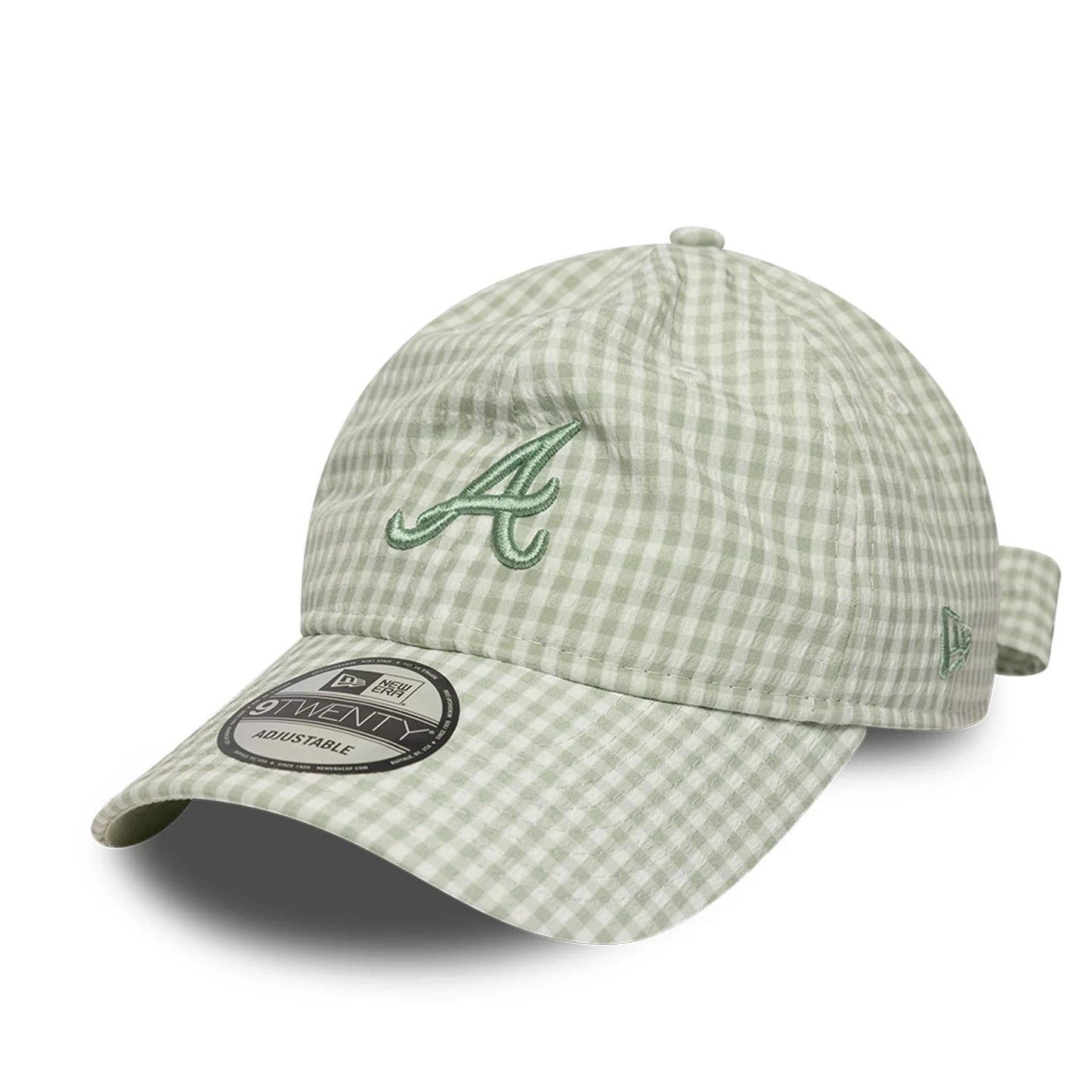 Pictured is this MLB Gingham Bowback Atlanta Braves 9TWENTY Adjustable cap in pastel green. 1