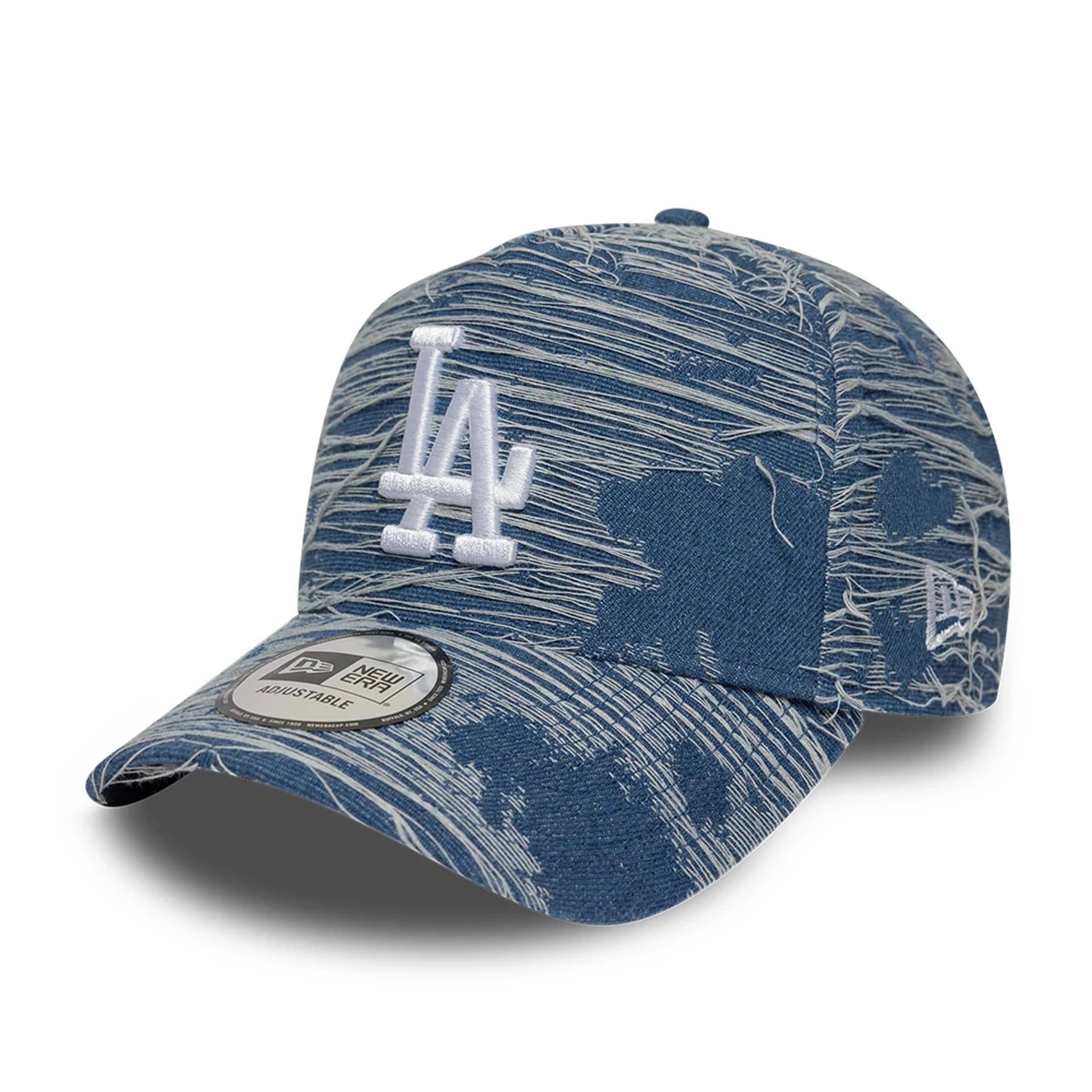 Pictured is this MLB Distressed Denim LA Dodgers 9FORTY E-Frame Adjustable cap in blue. 1