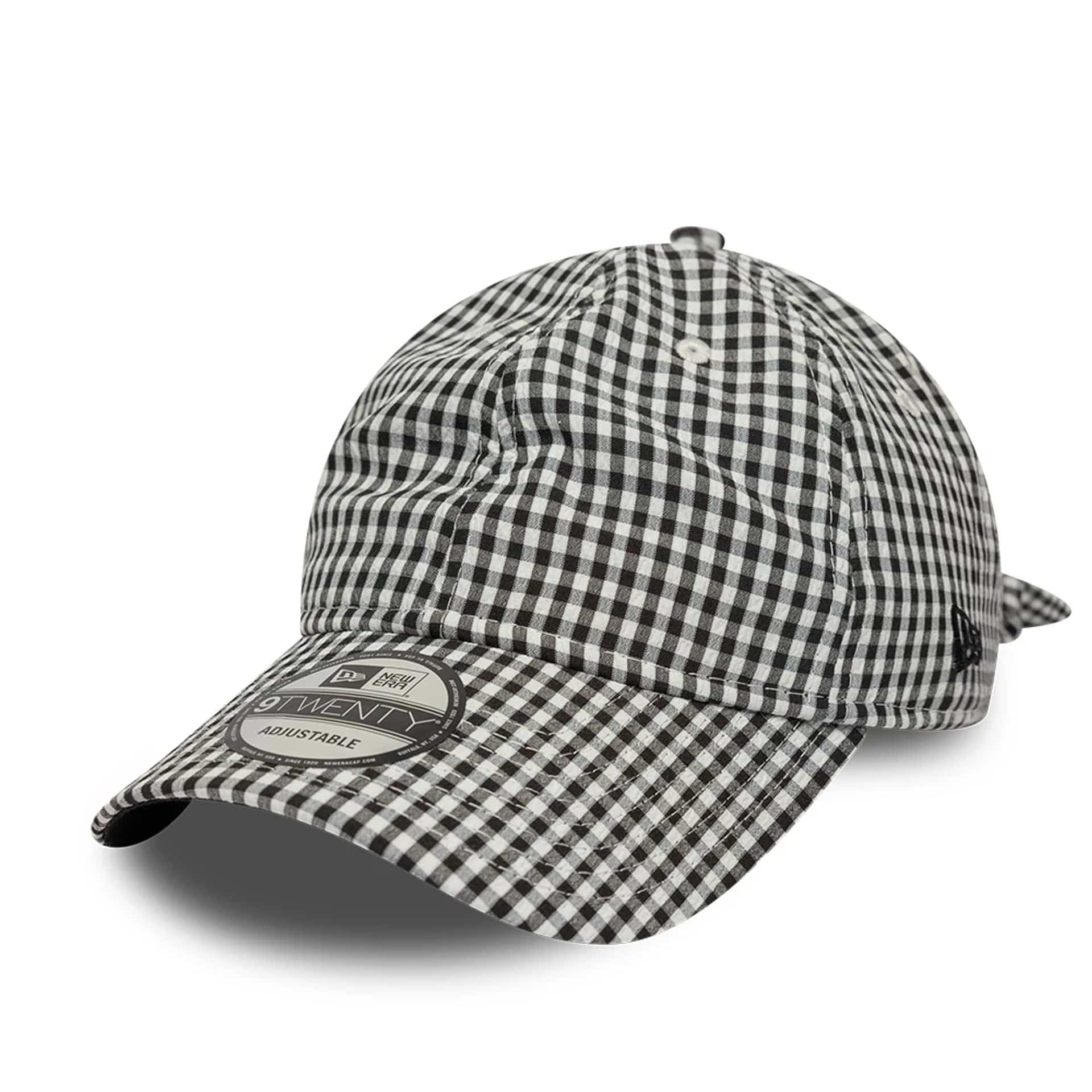 Pictured is this New Era Gingham Bowback 9TWENTY Adjustable cap in black. 1