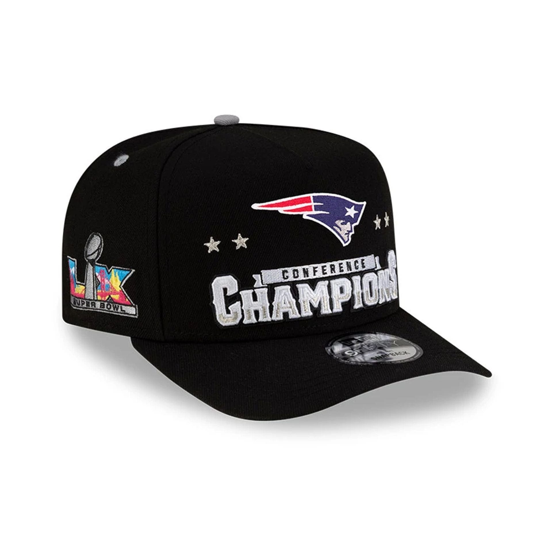 Pictured is this New England Patriots Super Bowl 2026 Conference Champions Black 9FIFTY A-Frame Snapback cap in black. 1
