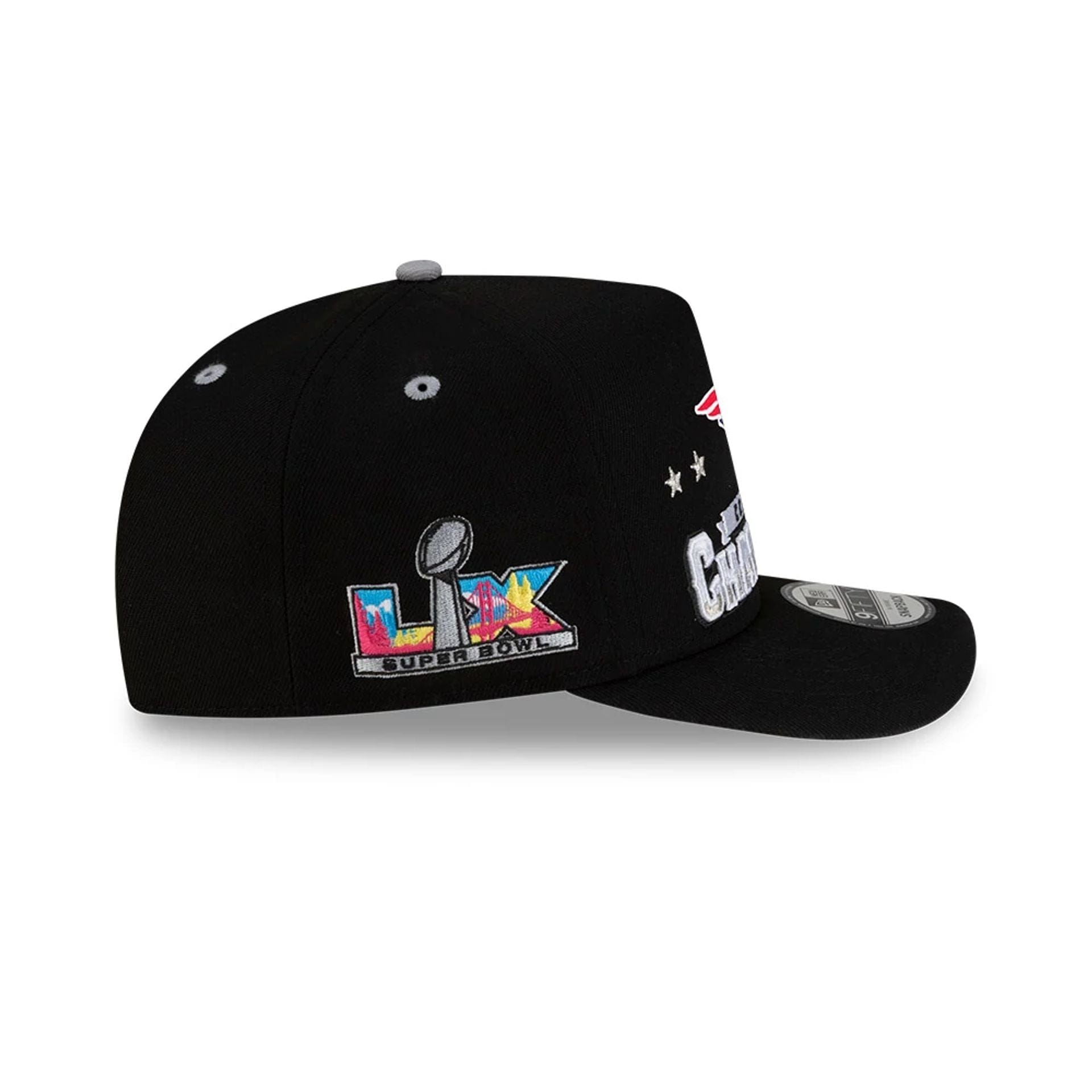 Pictured is this New England Patriots Super Bowl 2026 Conference Champions Black 9FIFTY A-Frame Snapback cap in black. 6
