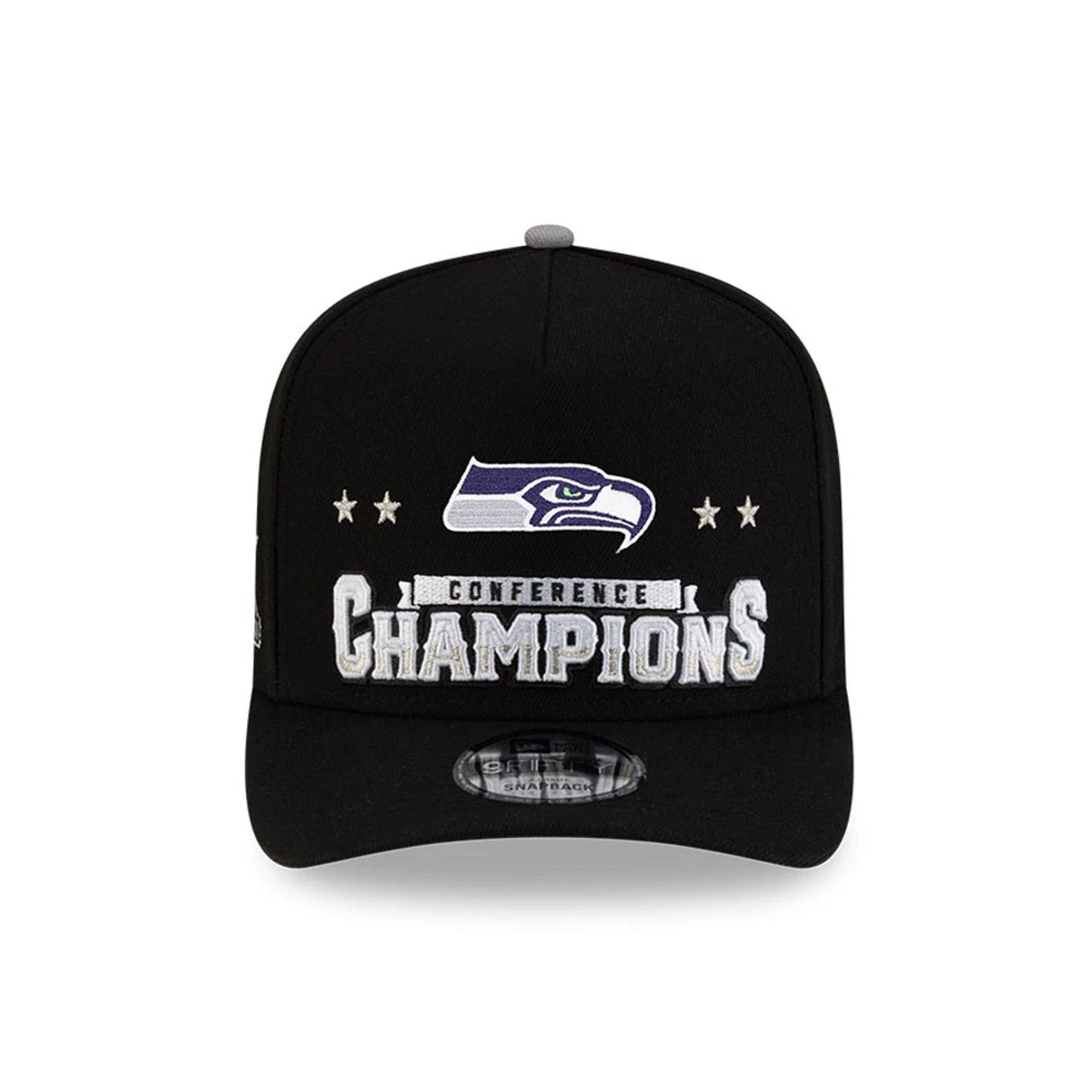 Pictured is this Seattle Seahawks Super Bowl 2026 Conference Champions Black 9FIFTY A-Frame Snapback cap in black. 2