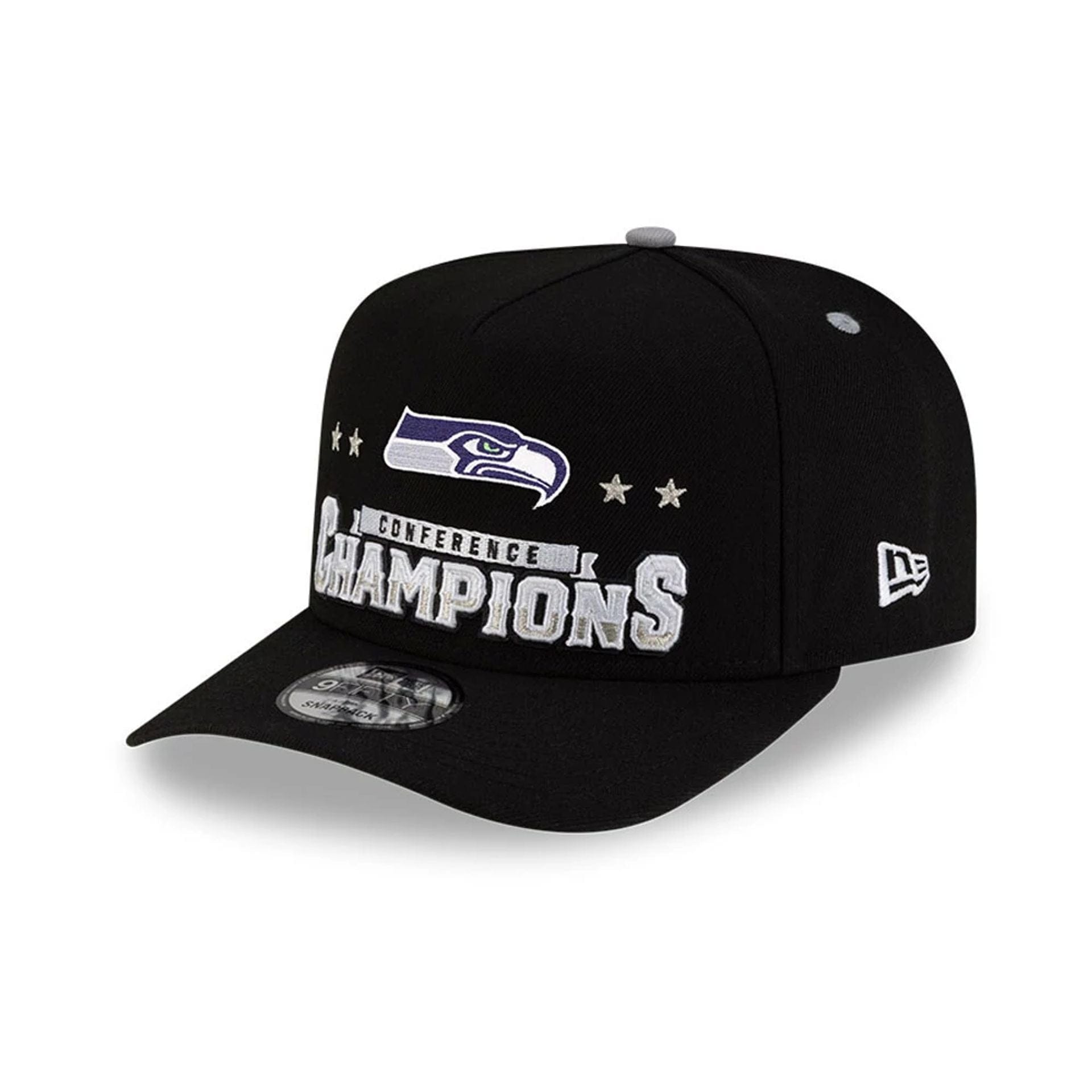 Pictured is this Seattle Seahawks Super Bowl 2026 Conference Champions Black 9FIFTY A-Frame Snapback cap in black. 3