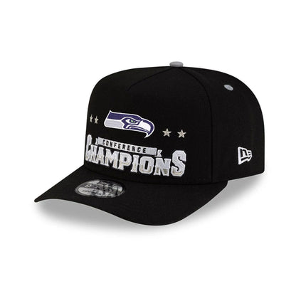 Pictured is this Seattle Seahawks Super Bowl 2026 Conference Champions Black 9FIFTY A-Frame Snapback cap in black. 3