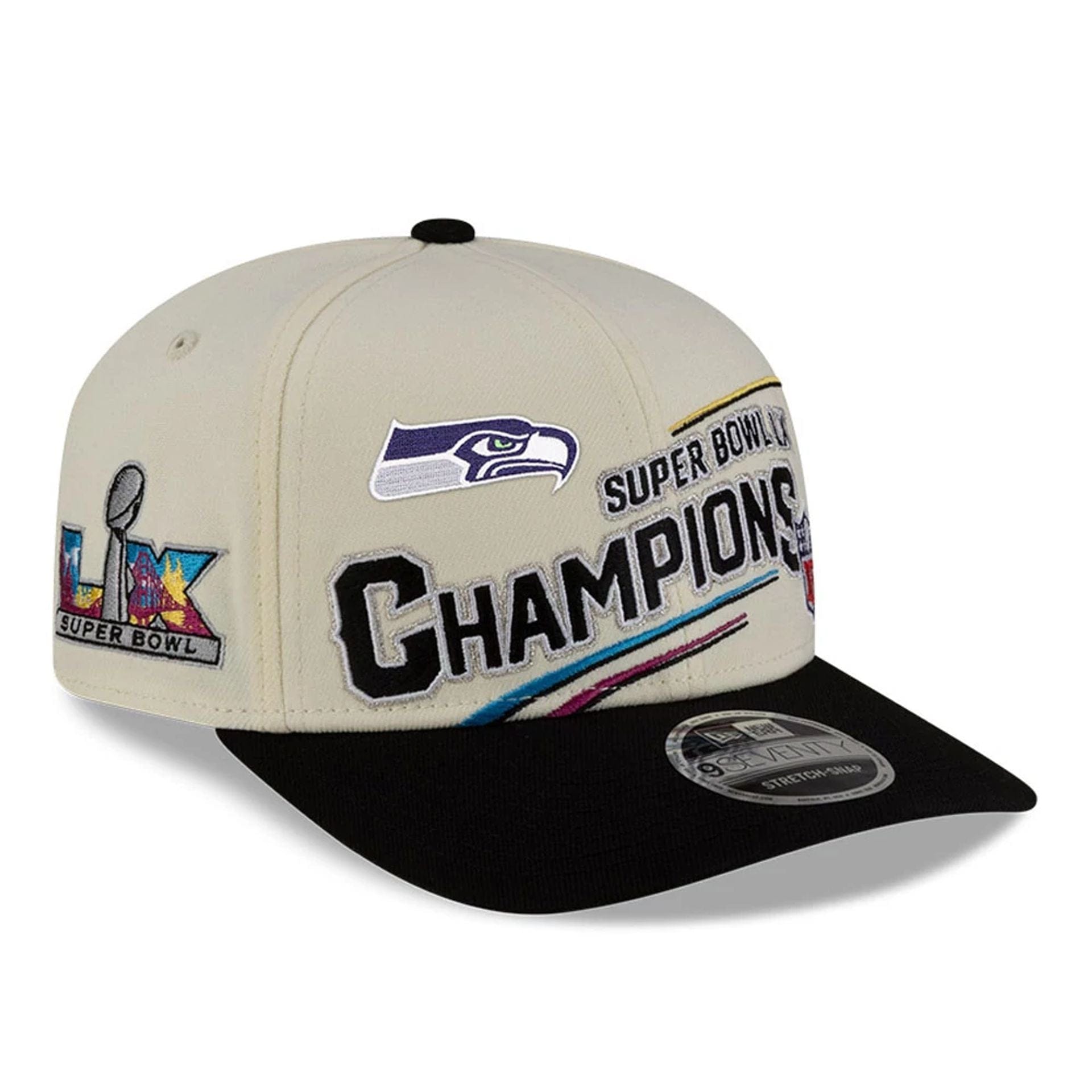 Pictured is this Seattle Seahawks NFL Super Bowl 2026 Champions 9SEVENTY Stretch Snap Adjustable cap in white. 1