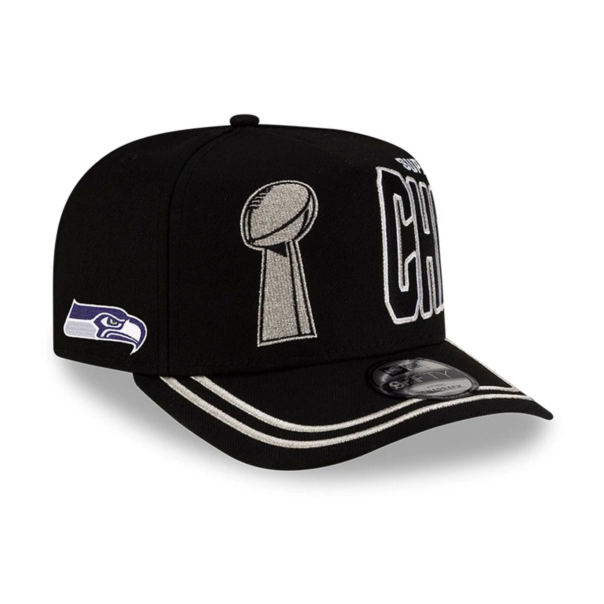 Pictured is this Seattle Seahawks NFL Super Bowl 2026 Parade 9FIFTY A-Frame Snapback cap in black. 1