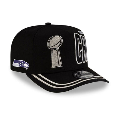 Pictured is this Seattle Seahawks NFL Super Bowl 2026 Parade 9FIFTY A-Frame Snapback cap in black. 1
