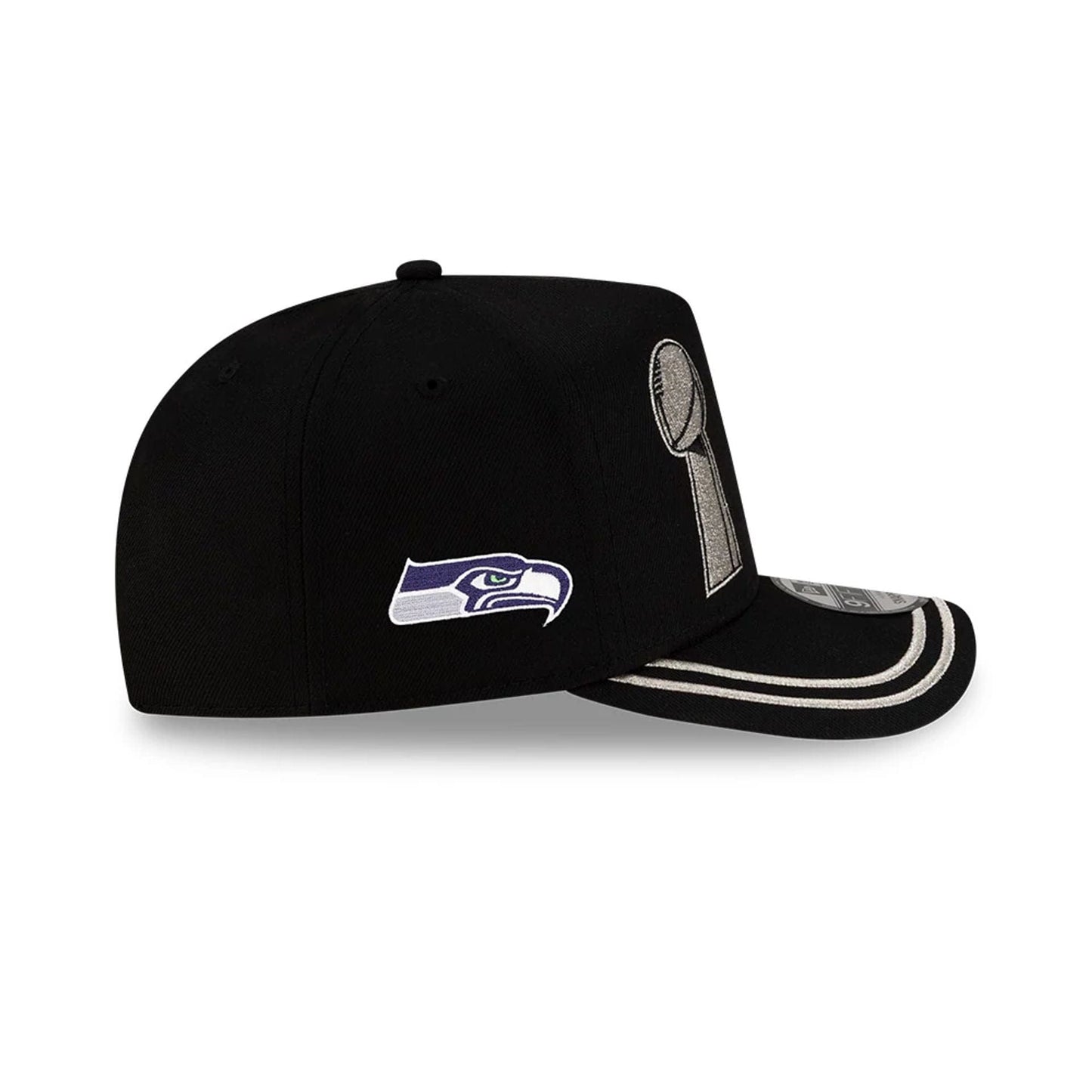 Pictured is this Seattle Seahawks NFL Super Bowl 2026 Parade 9FIFTY A-Frame Snapback cap in black. 7