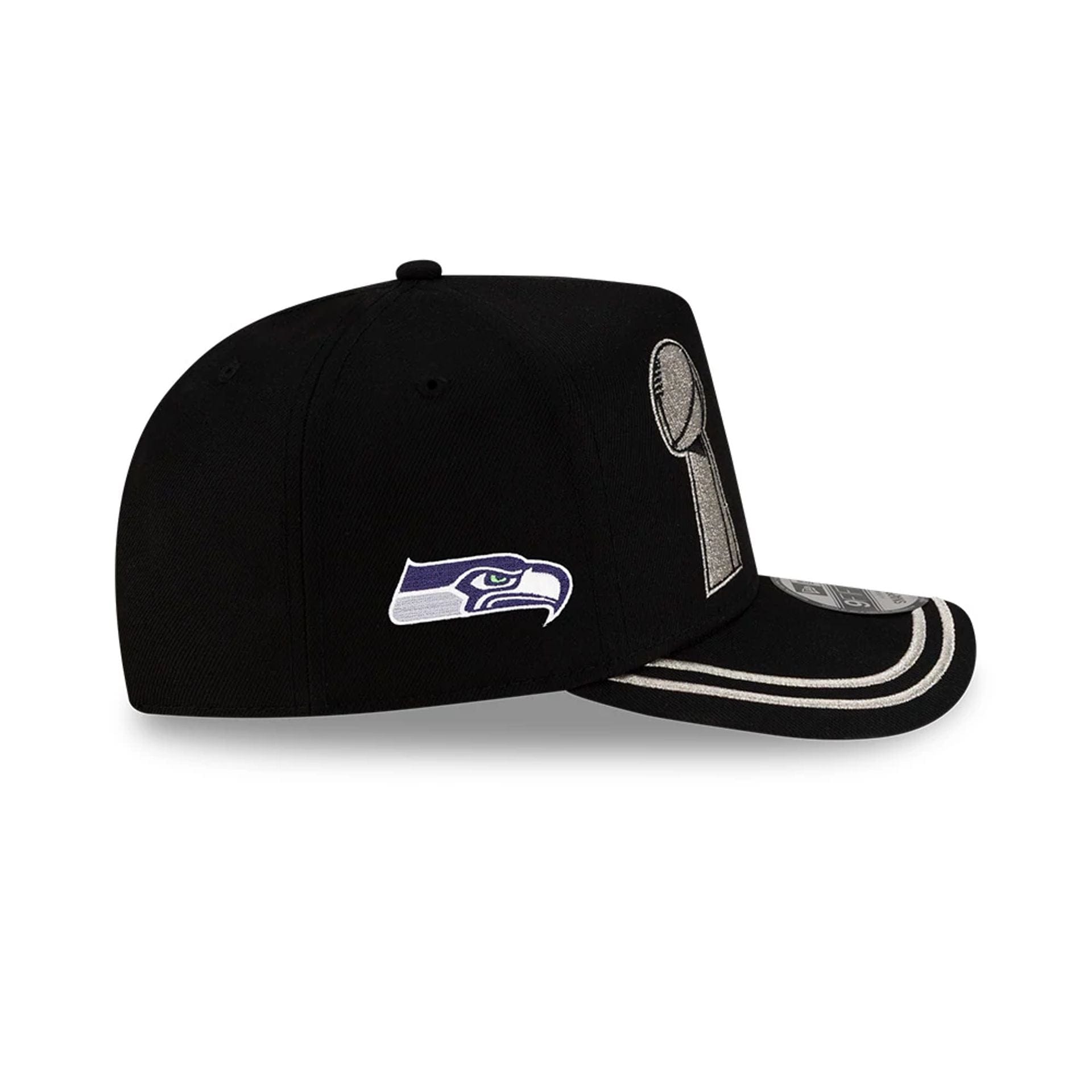 Pictured is this Seattle Seahawks NFL Super Bowl 2026 Parade 9FIFTY A-Frame Snapback cap in black. 7