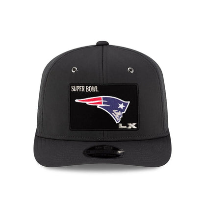 Pictured is this New England Patriots Super Bowl 2026 On Field Charcoal 9SEVENTY Stretch Snap Adjustable cap. 2