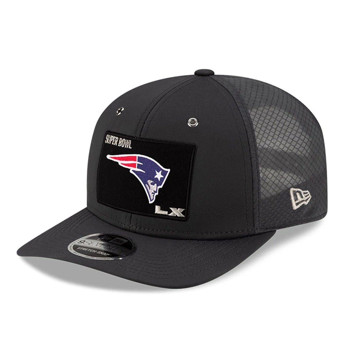 Pictured is this New England Patriots Super Bowl 2026 On Field Charcoal 9SEVENTY Stretch Snap Adjustable cap. 3
