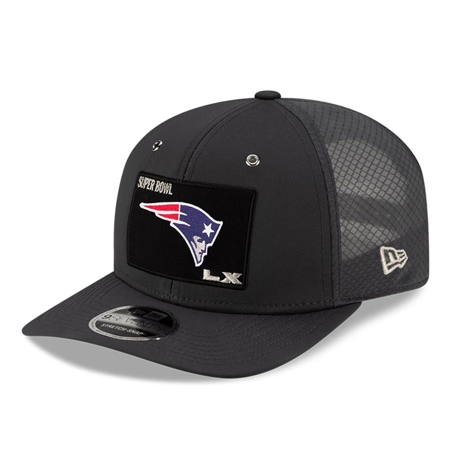 Pictured is this New England Patriots Super Bowl 2026 On Field Charcoal 9SEVENTY Stretch Snap Adjustable cap. 3