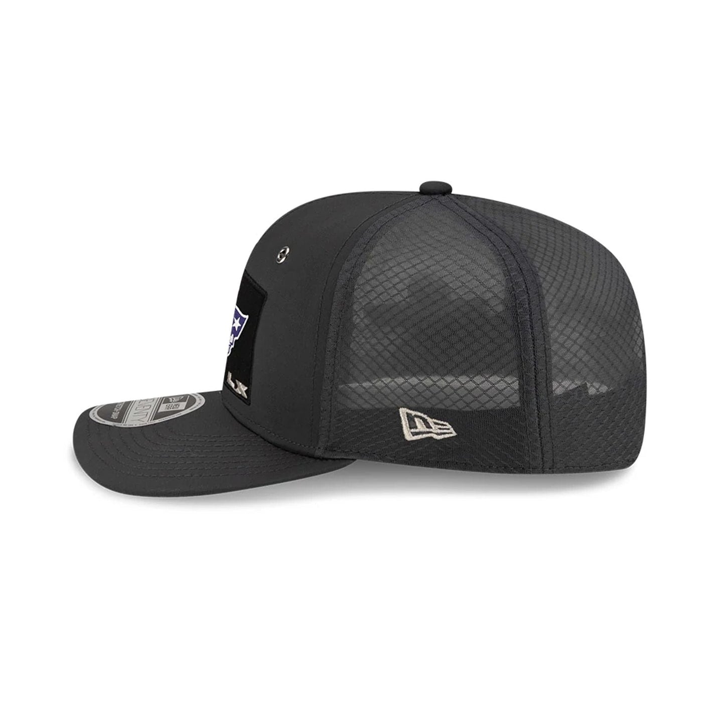 Pictured is this New England Patriots Super Bowl 2026 On Field Charcoal 9SEVENTY Stretch Snap Adjustable cap. 4