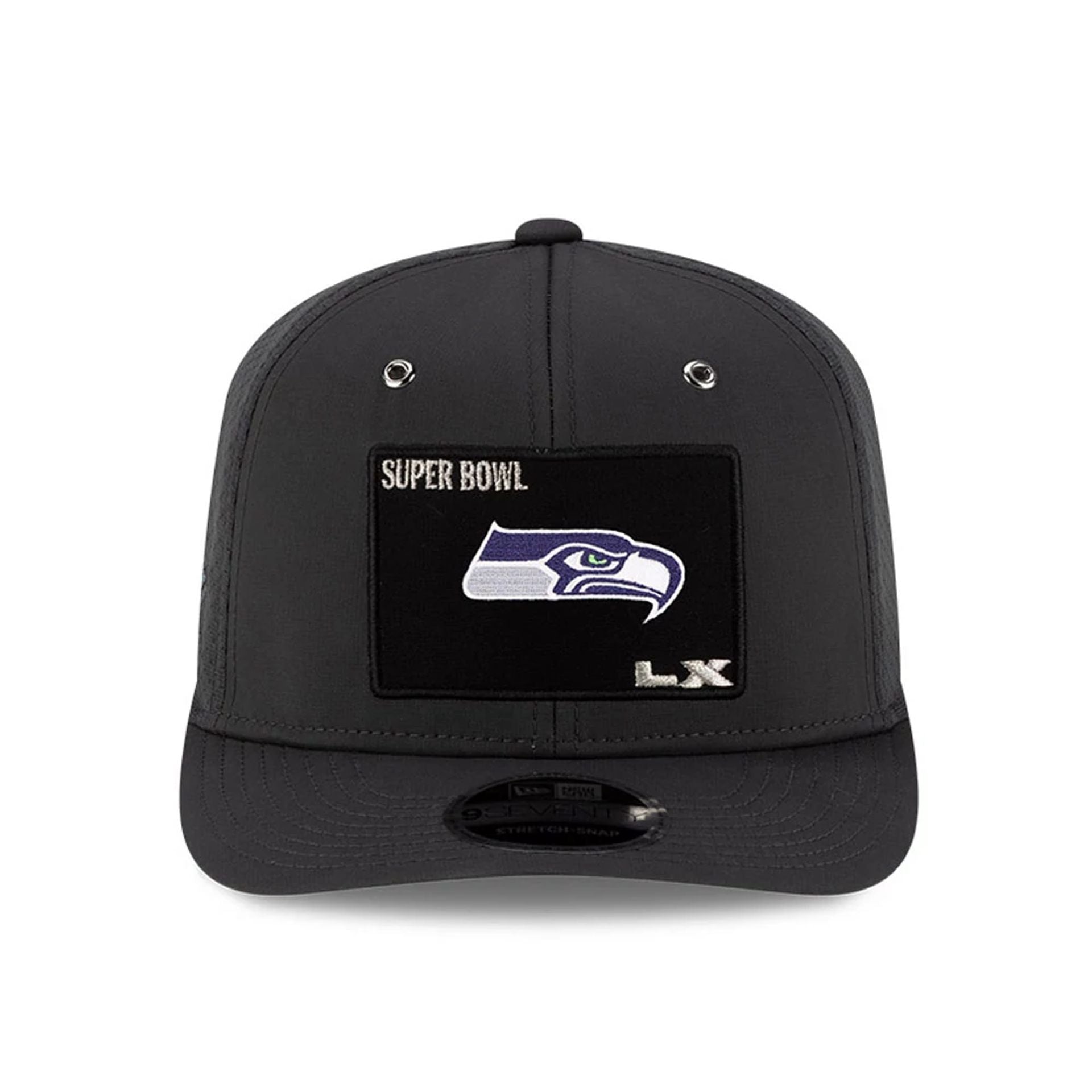Pictured is this Seattle Seahawks Super Bowl 2026 On Field Charcoal 9SEVENTY Stretch Snap Adjustable cap. 2