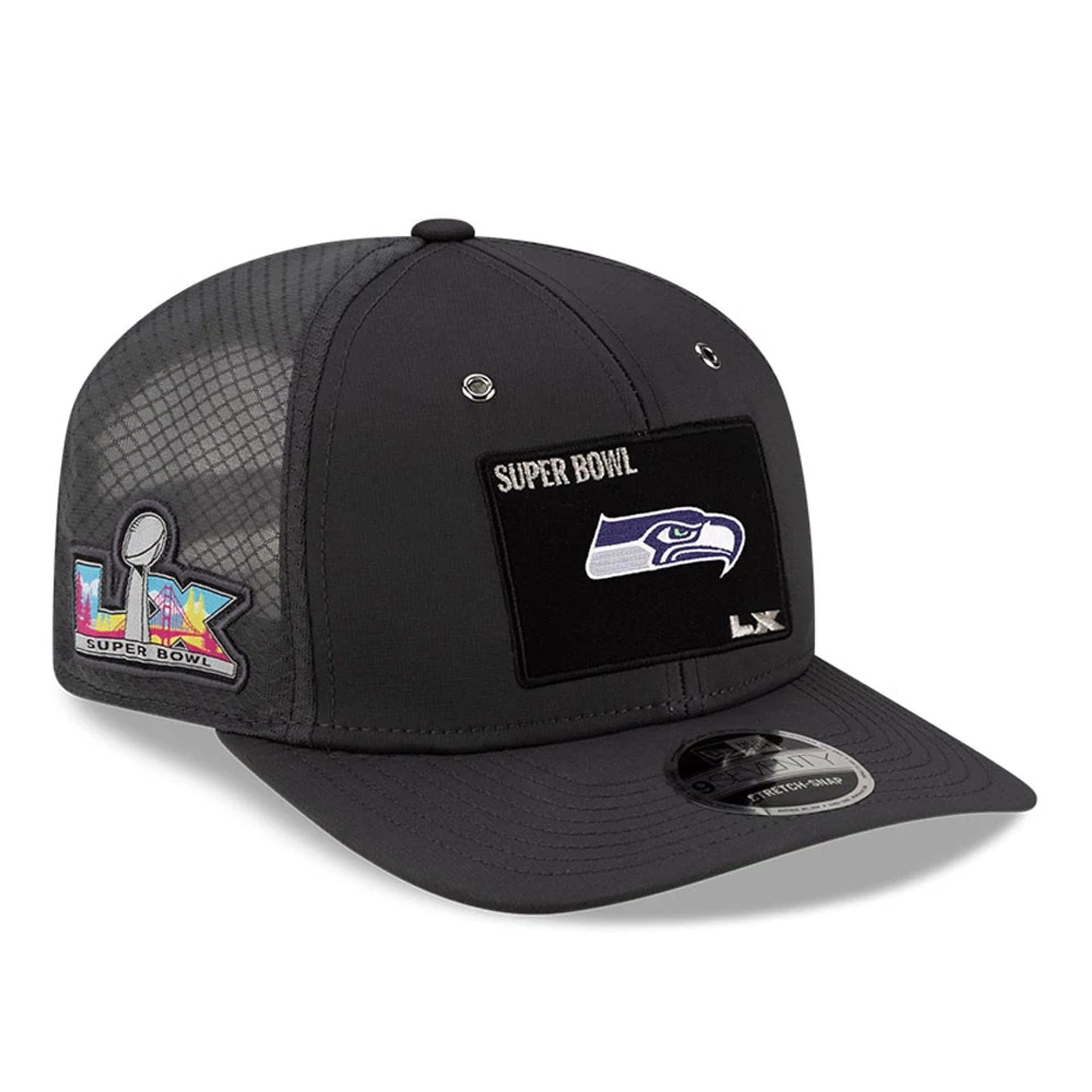 Pictured is this Seattle Seahawks Super Bowl 2026 On Field Charcoal 9SEVENTY Stretch Snap Adjustable cap. 1