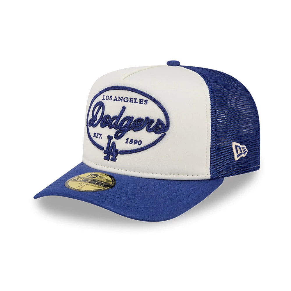 Pictured is this MLB 59FIFTY Day LA Dodgers 59FIFTY A-Frame Fitted cap in dark blue. 1