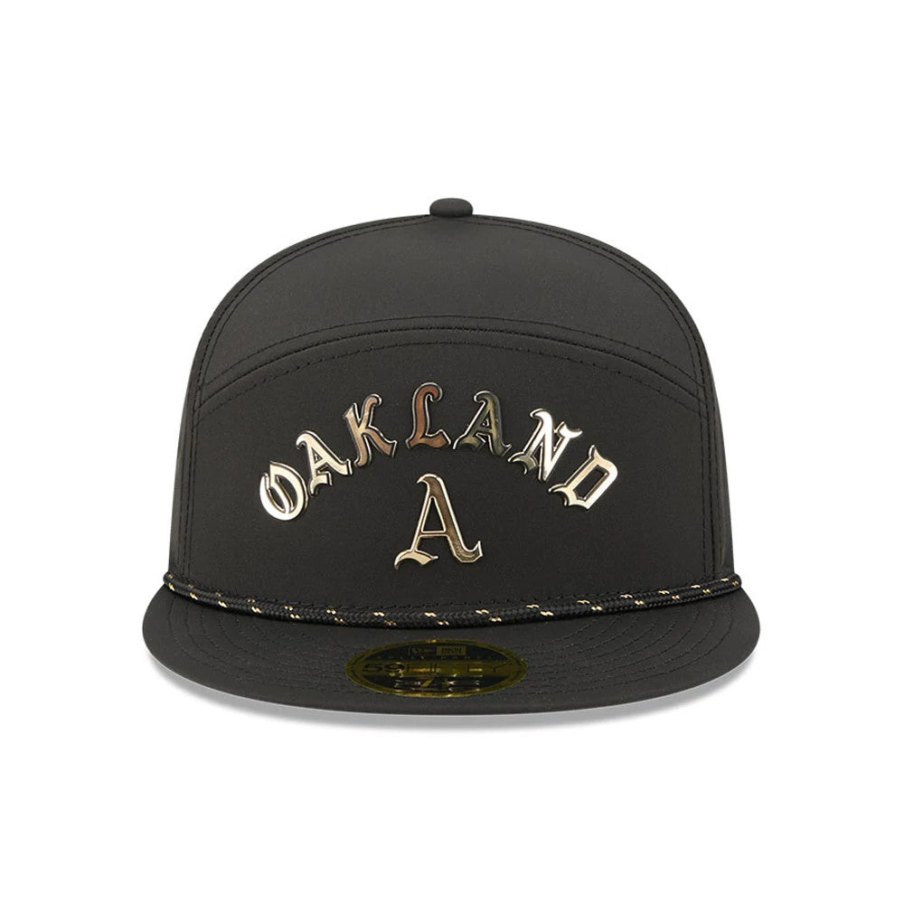 Athletics MLB 59FIFTY Day Black Split Panel New Era 59FIFTY Fitted Cap, front view showing gold Oakland A letters arched across the front panel, a black flat visor with a decorative rope detail, and a gold 59FIFTY size sticker.