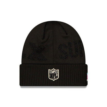 Pictured is this New England Patriots Super Bowl 2026 On Field Black Cuff Knit Beanie hat. 2